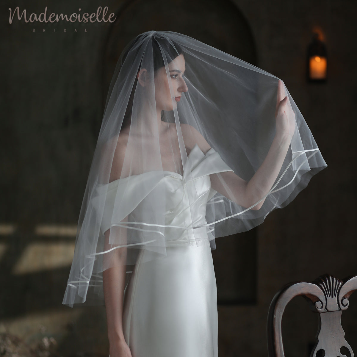 Elena Veil - Elegant Bridal Wedding Veil with Lace Trim for Church Ceremony & Photo Shoots