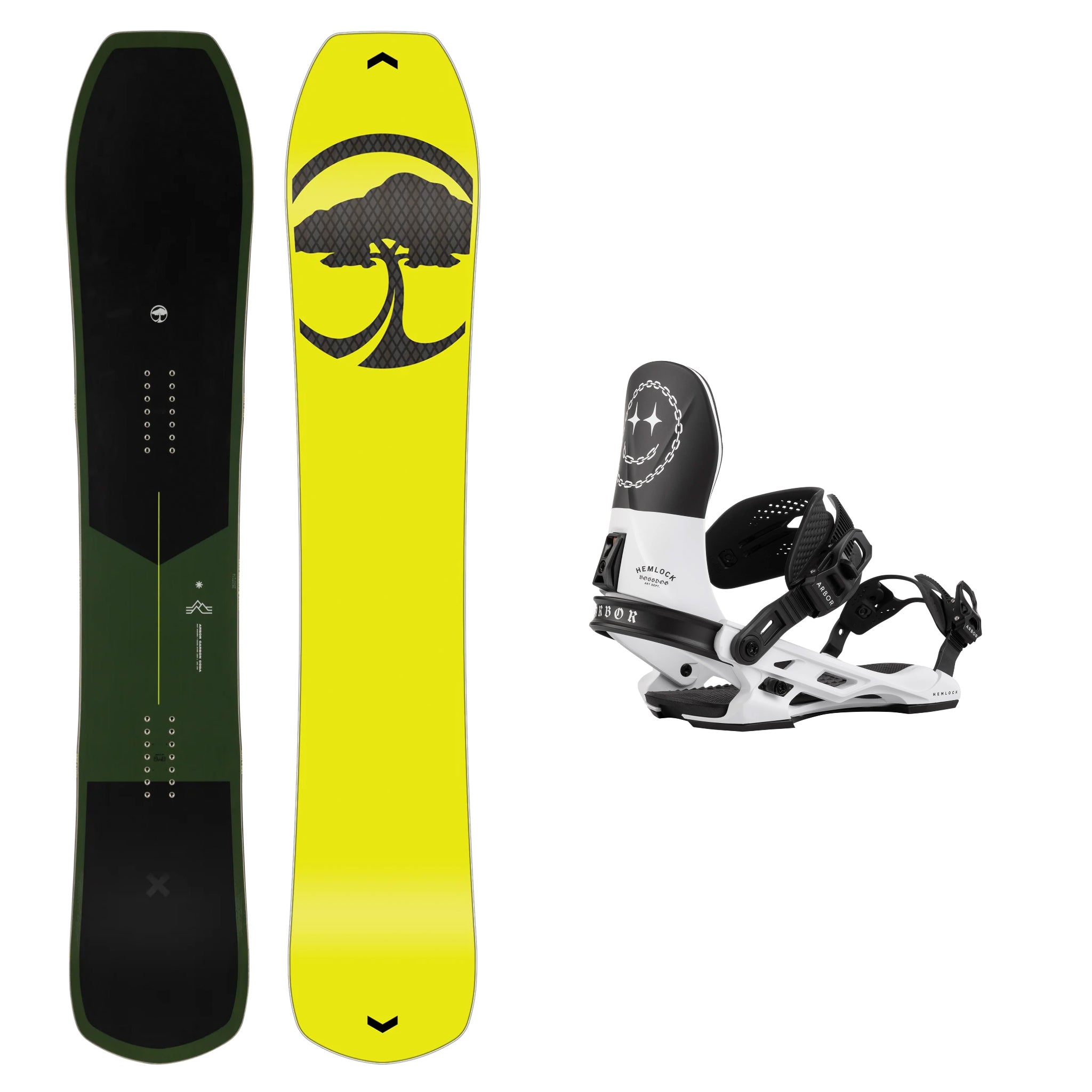 **2025 Arbor Carbon Coda Snowboard with Hemlock Boss Dog Binding – Lightweight Carbon Fiber Design for All-Mountain & Freeride Snowboarding**