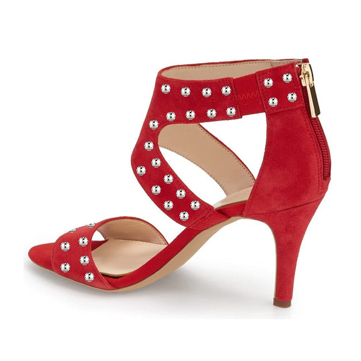 XYD Women's Open Toe Sandals with Ankle Wrap & Back Zip | Studded Cutout Strappy Mid Heels | Comfortable Classy Casual Shoes for Summer Outfits, Beach Vacations & Date Nights