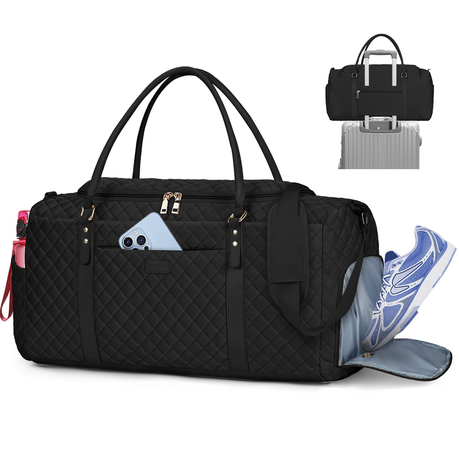 RAINSMORE 40L Waterproof Gym Bag for Women - Large Sports Duffel Bag with Shoe Compartment, Quilted Travel Duffle for Workout, Yoga, Overnight Trips & Weekend Getaways - Perfect for Gym, Travel & Sports (Black)