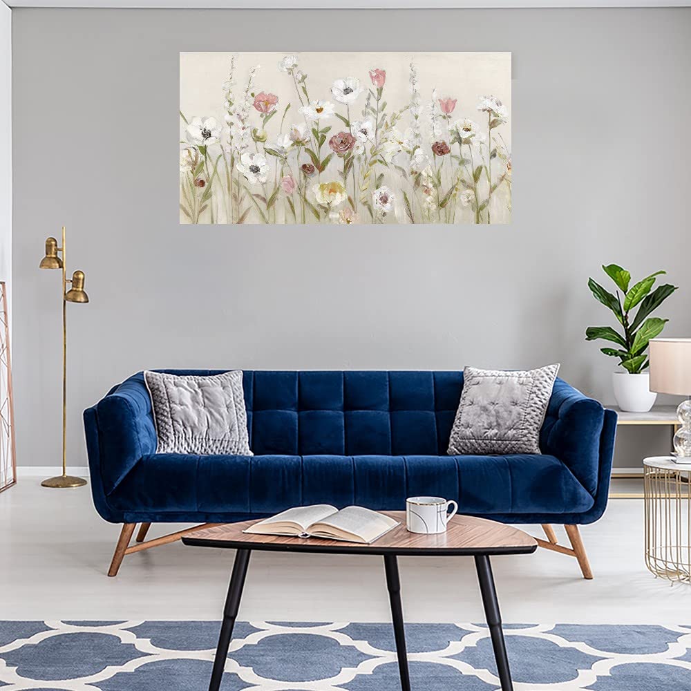 Bloomin Around Floral Canvas Wall Art - 40x21 Inch Hand Painted Flower Painting for Bathroom & Living Room Decor | Modern Home & Office Wall Decor by Artist Sally | Perfect for Housewarming Gifts & Interior Design