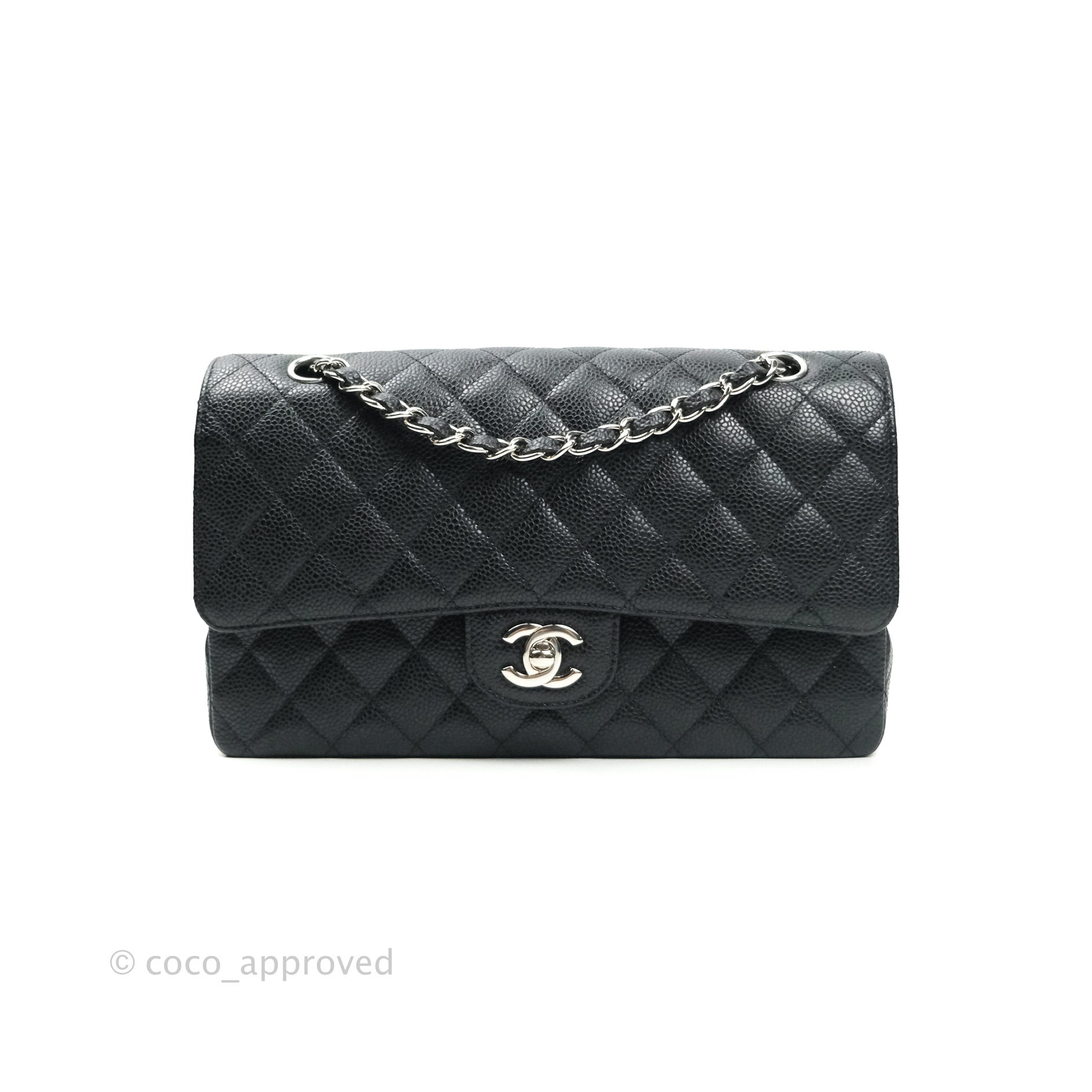 Chanel Classic Medium Double Flap Bag Black Caviar Leather with Silver Hardware - Luxury Shoulder Bag for Women, Perfect for Work, Evening Events & Special Occasions