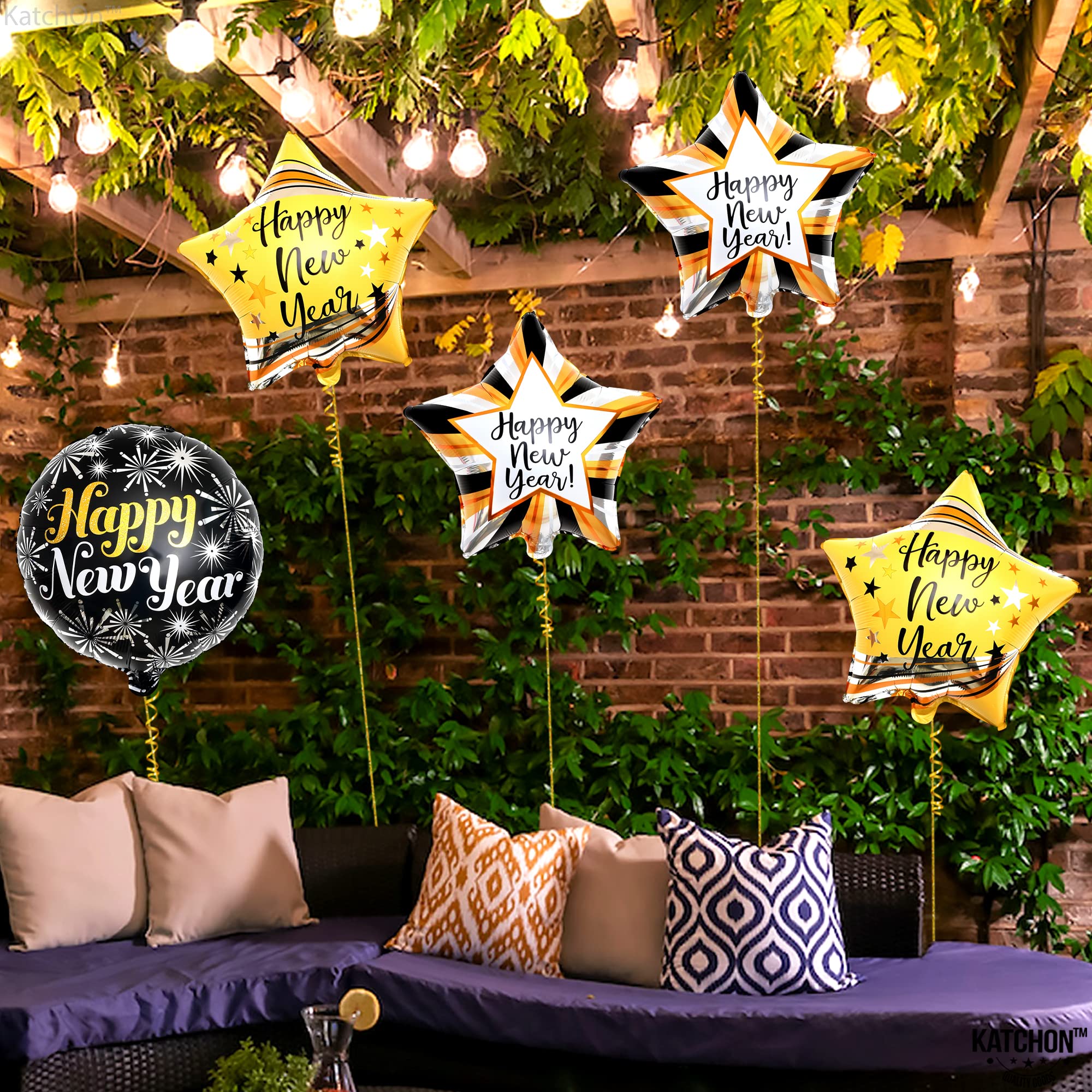 KatchOn Happy New Year Balloons Set - 5 Pack | Shiny 2025 NYE Party Balloons, New Year's Eve Decorations | Foil Balloons for 2025 Celebrations | Perfect for Home, Office & New Year's Eve Party Decorations