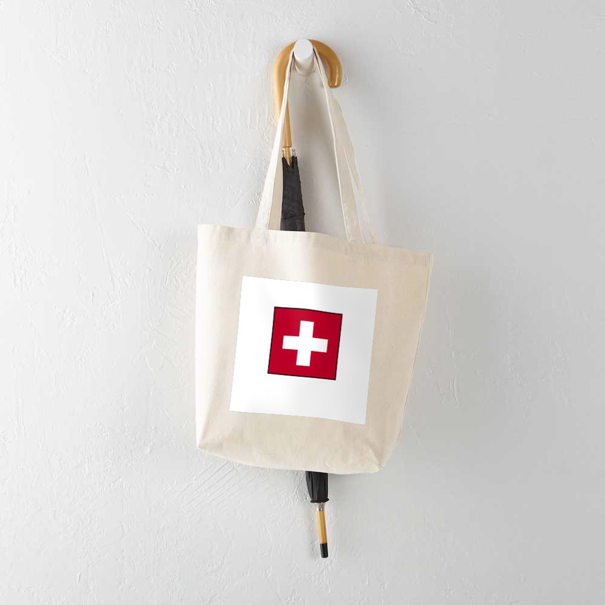 Swiss Flag Switzerland Tote Bag - Natural Canvas Reusable Shopping Bag for Groceries, Beach & Travel | Eco-Friendly Tote with Swiss Design