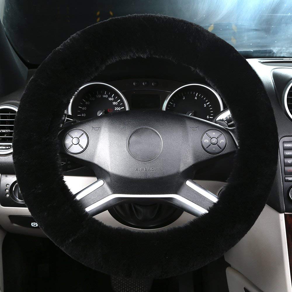 Premium Fluffy Australian Sheepskin Wool Car Steering Wheel Cover - Universal 15 Inch (Black) | Soft & Comfortable Grip | Perfect for Winter Driving & Luxury Car Interiors