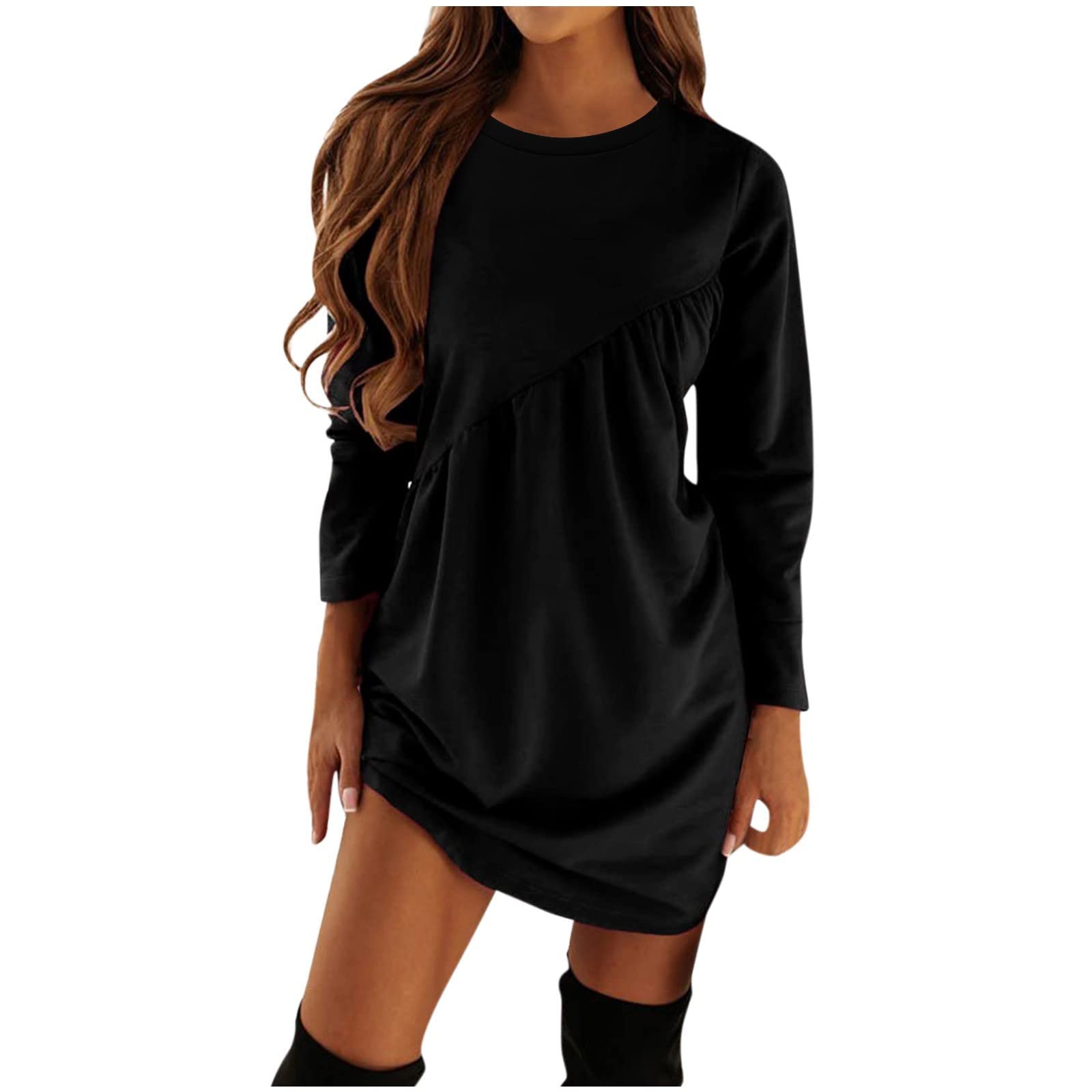 BINGTAOHU Women's Long Sleeve Floral Print Pullover Dress - Elegant Round Neck Midi T-Shirt Dress for Work, Teacher, Formal & Casual Occasions | Perfect for Office, School, Church and Everyday Wear (Black)
