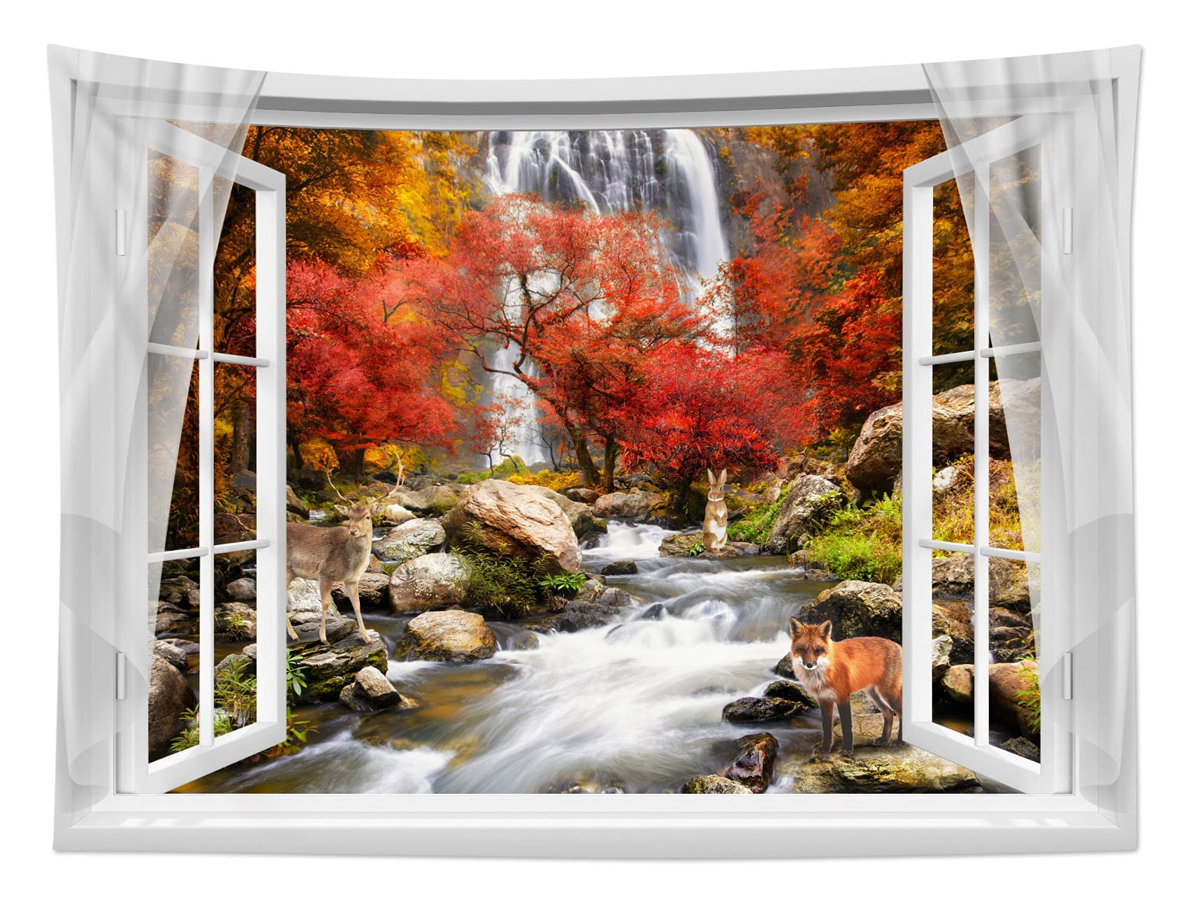 HVEST Autumn Forest Tapestry Wall Hanging - Fox Deer Maple Tree Waterfall Scenery, 60x40 Inches, Perfect for Bedroom, Living Room, Party, Dorm, and Outdoor Decor
