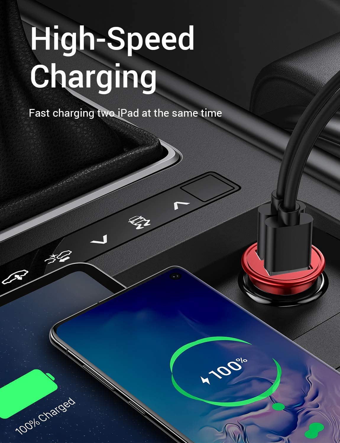 GLBSUNION 24W/4.8A All Metal Car Charger - Fast Charging USB Cigarette Lighter Adapter for iPhone 14/13/12/11 Pro Max, iPad, Samsung Galaxy S22/S21/Note, HTC (Red) with Free 12