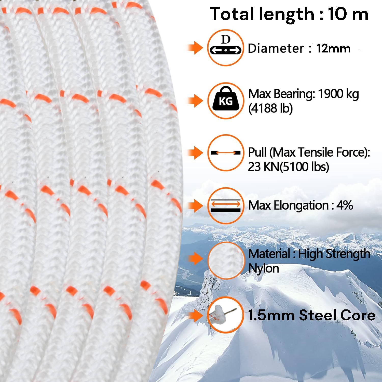 12mm x 10m Nylon Static Safety Climbing Rope - Heavy Duty Rock Climbing, Outdoor Boating, Marine Anchor & Dock Lines - Perfect for Mountaineering, Sailing, Camping & Water Sports