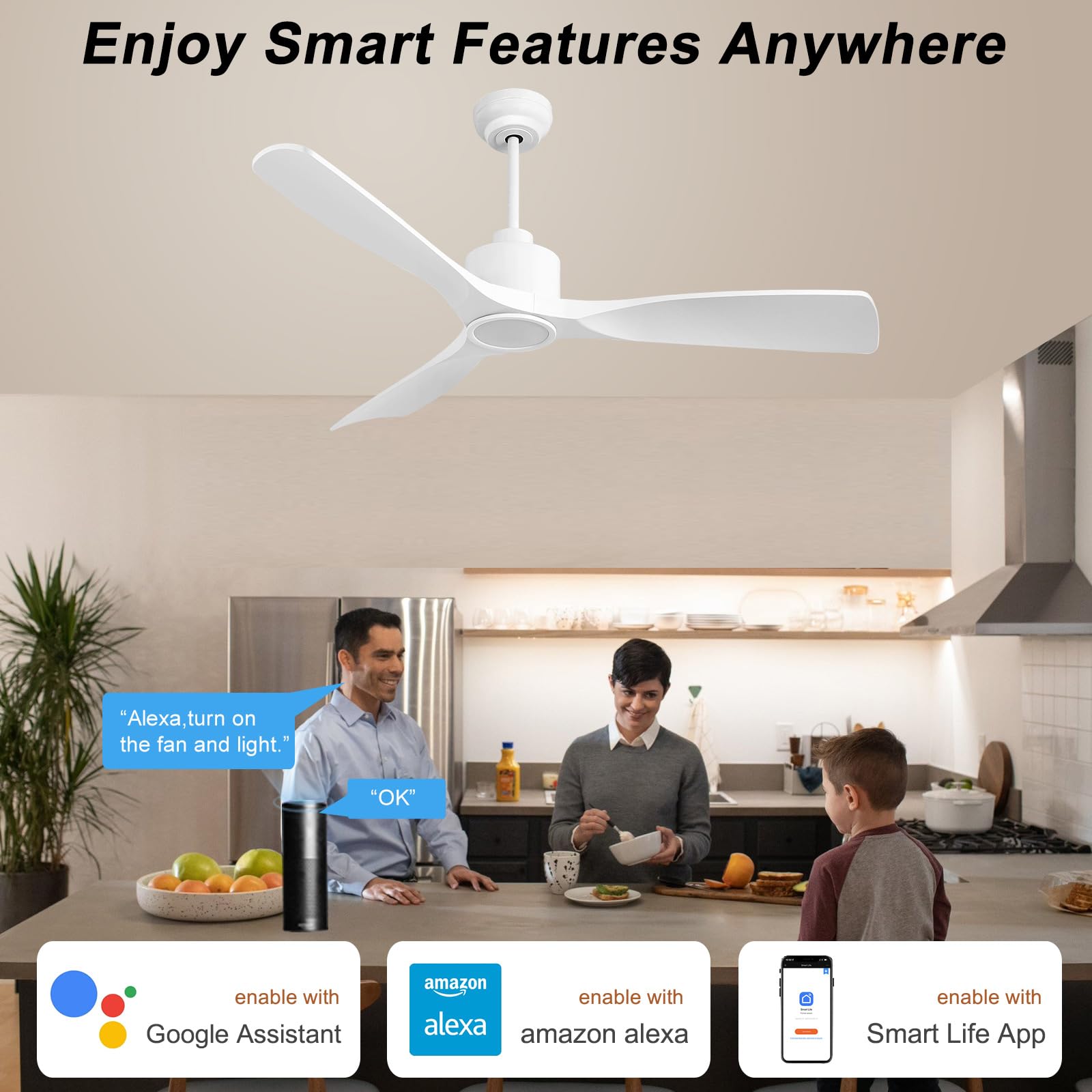 52 Inch Smart Ceiling Fan with Quiet DC Motor - 3 Blade High CFM Indoor/Outdoor Modern White Ceiling Fan with Remote Control & LED Light - Perfect for Bedroom, Living Room, Patio and Covered Porch