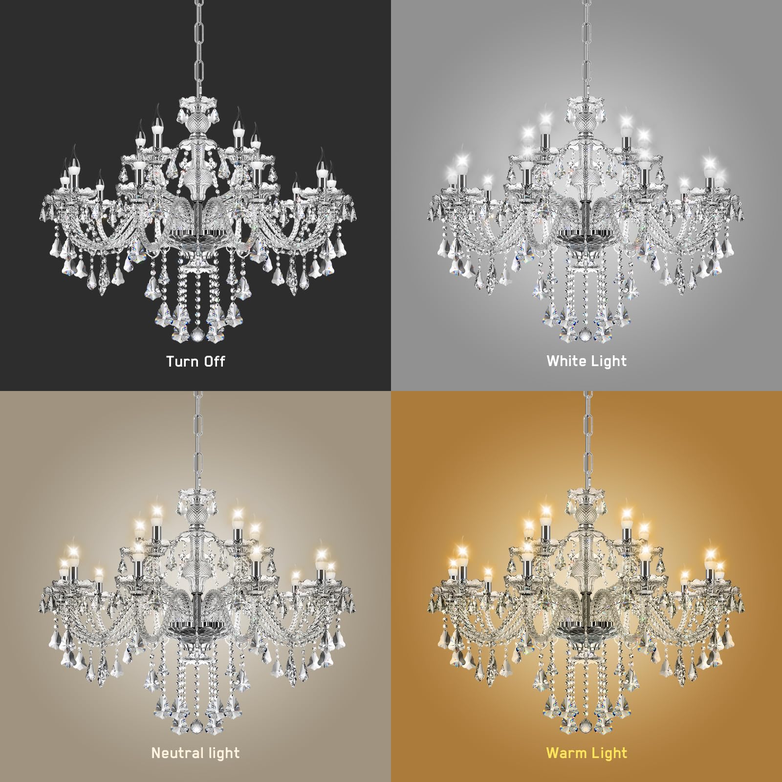 Ridgeyard Luxury 15-Light Crystal Chandelier - K9 Crystal Glass Pendant Ceiling Light Fixture for Dining Room, Living Room, Bedroom & Hallway - Elegant Entryway Lighting for Home Decor & Special Occasions