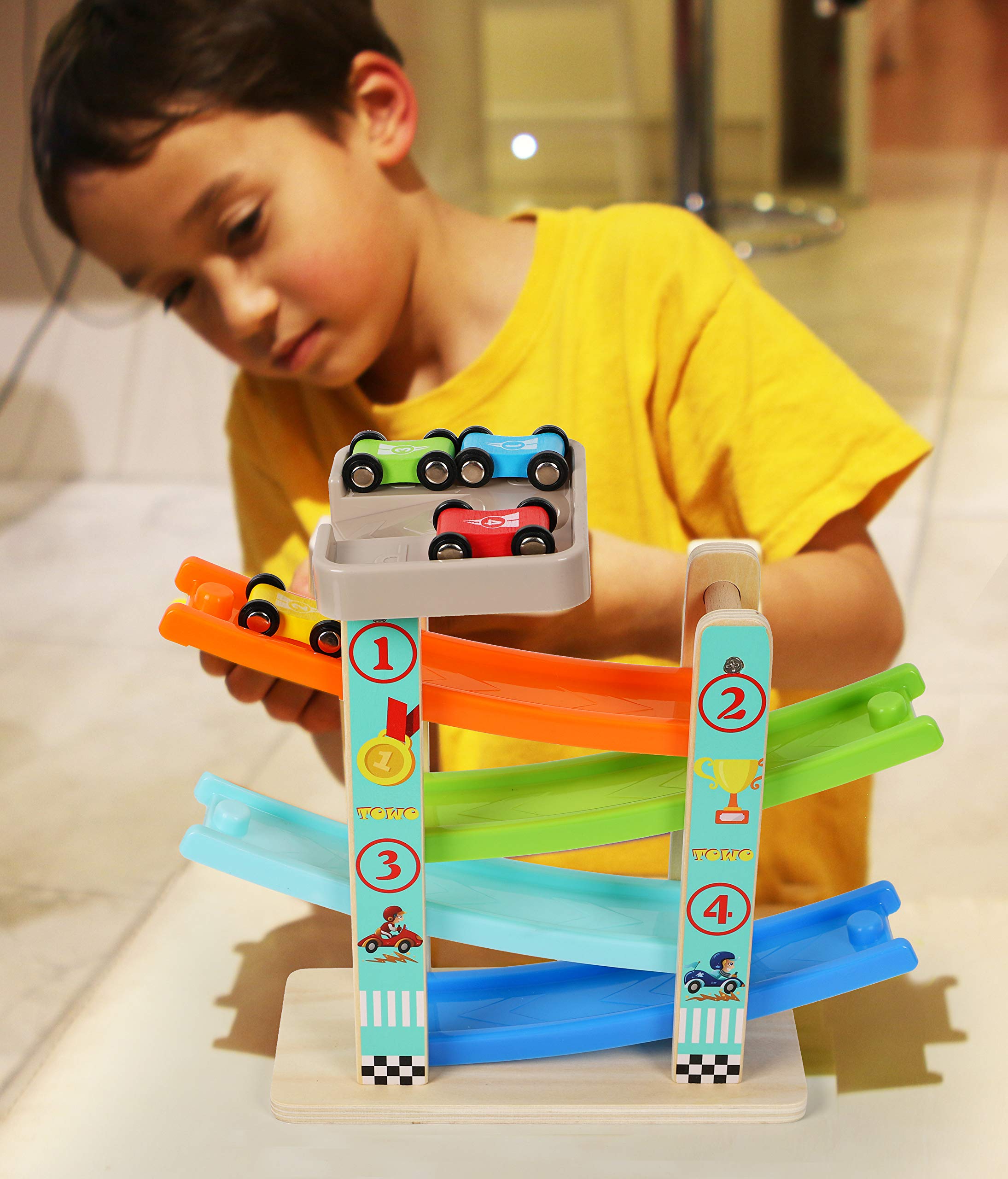 TOWO Wooden Car Ramp Toy Set - Zig Zag Race Track with 4 Wooden Cars & Parking Garage - Click Clack Racer for Toddlers - Educational STEM Toys for Boys Girls Ages 2 3 4 - Perfect for Indoor Play, Birthday Gifts & Preschool Learning Activities