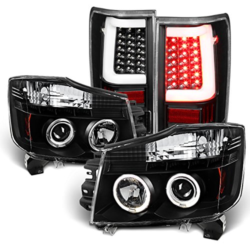 AKKON Halo Projector Headlights with LED Tail Lights Set for 2004-2015 Nissan Titan Pickup Truck - Black | Durable & Stylish Upgrade for Night Driving & Off-Road Adventures