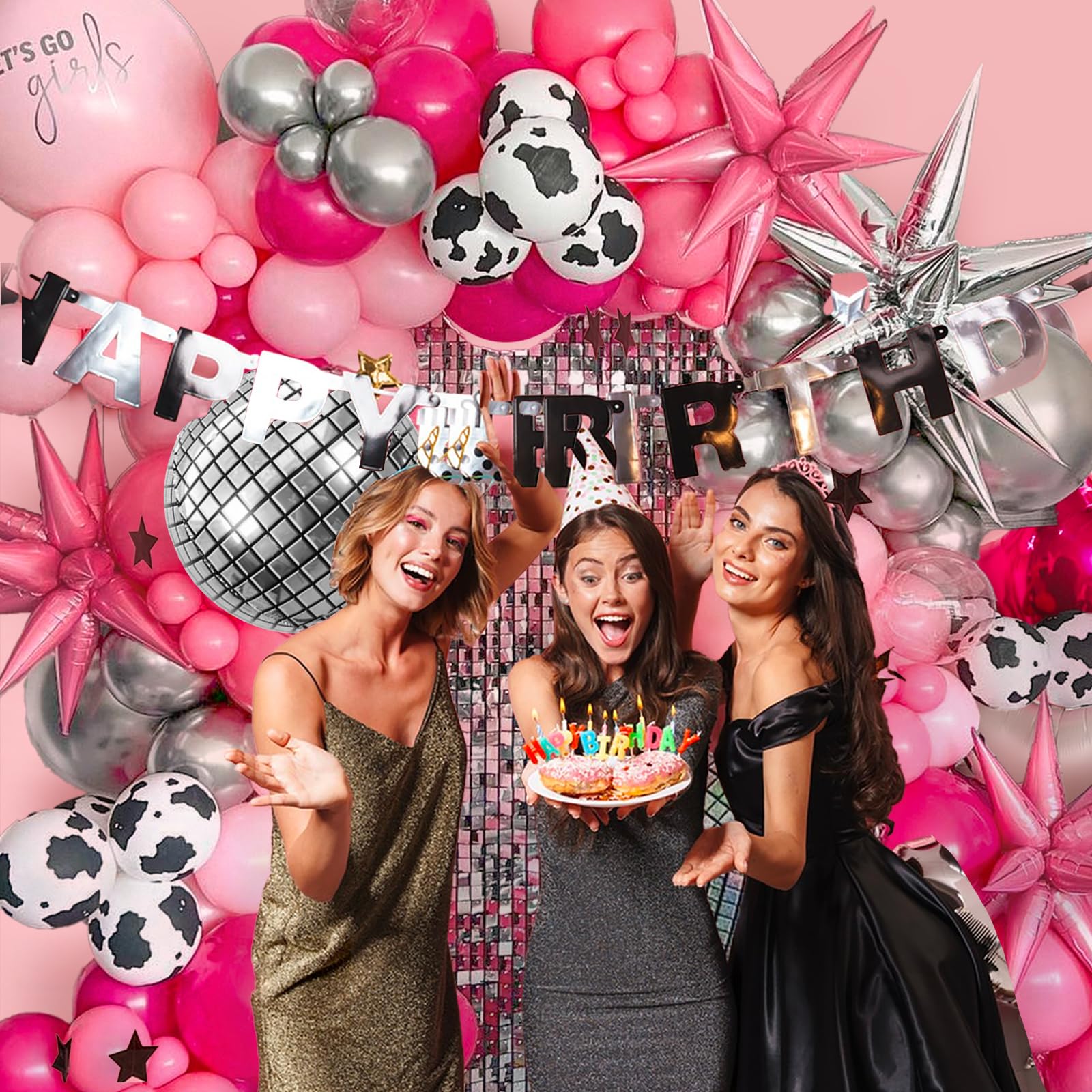 128pcs Disco Cowgirl Party Decorations Kit - Hot Pink & Silver Cowgirl Balloon Arch Garland with Disco Foil Cow Print Balloons for Bachelorette, Birthday, Western Theme Parties - Perfect for Home, Bar & Event Decor