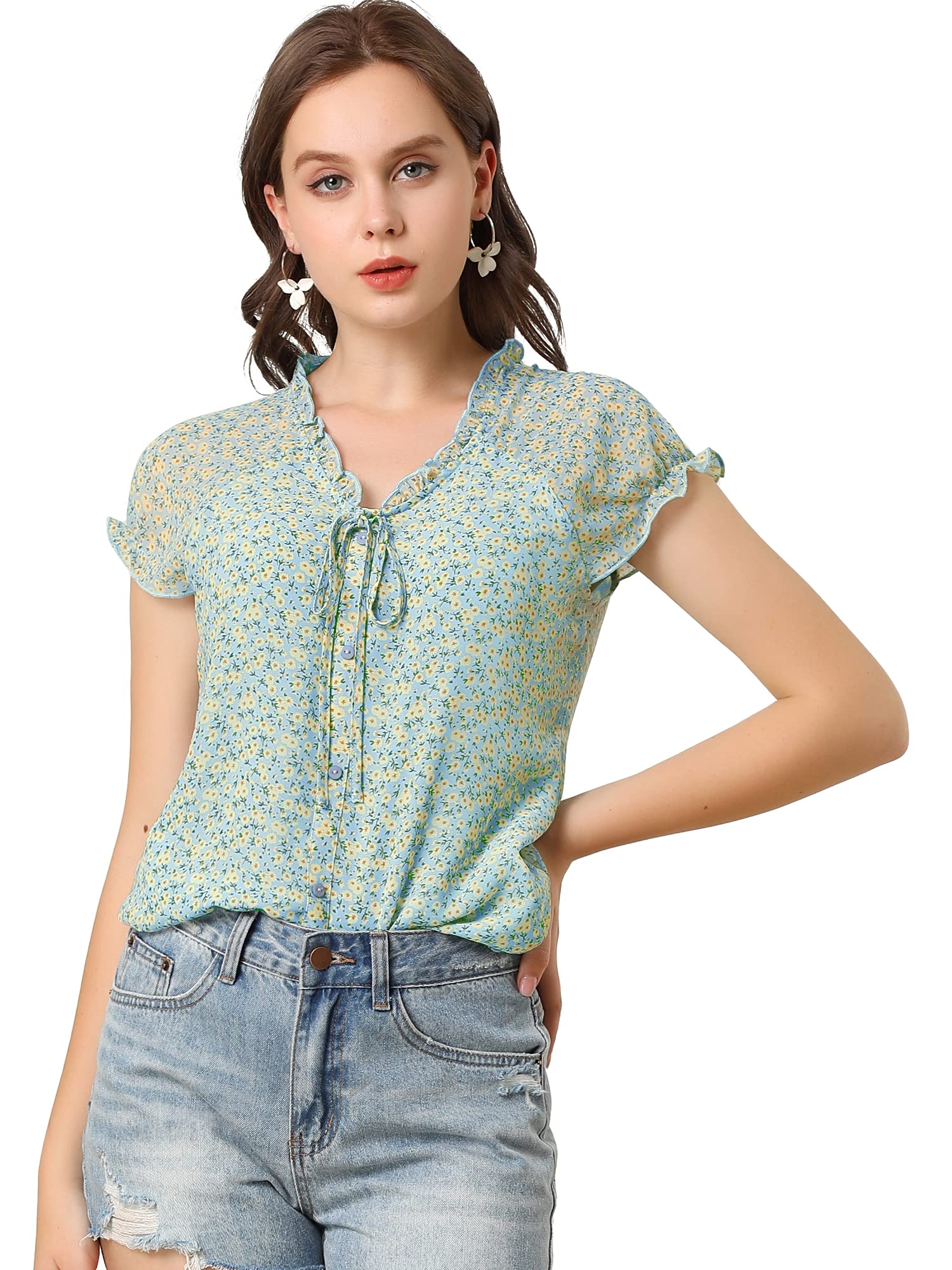 Allegra K Women's Floral Print V-Neck Chiffon Blouse - Short Cap Sleeve Ruffled Summer Top for Casual Wear, Office & Date Night Outfits