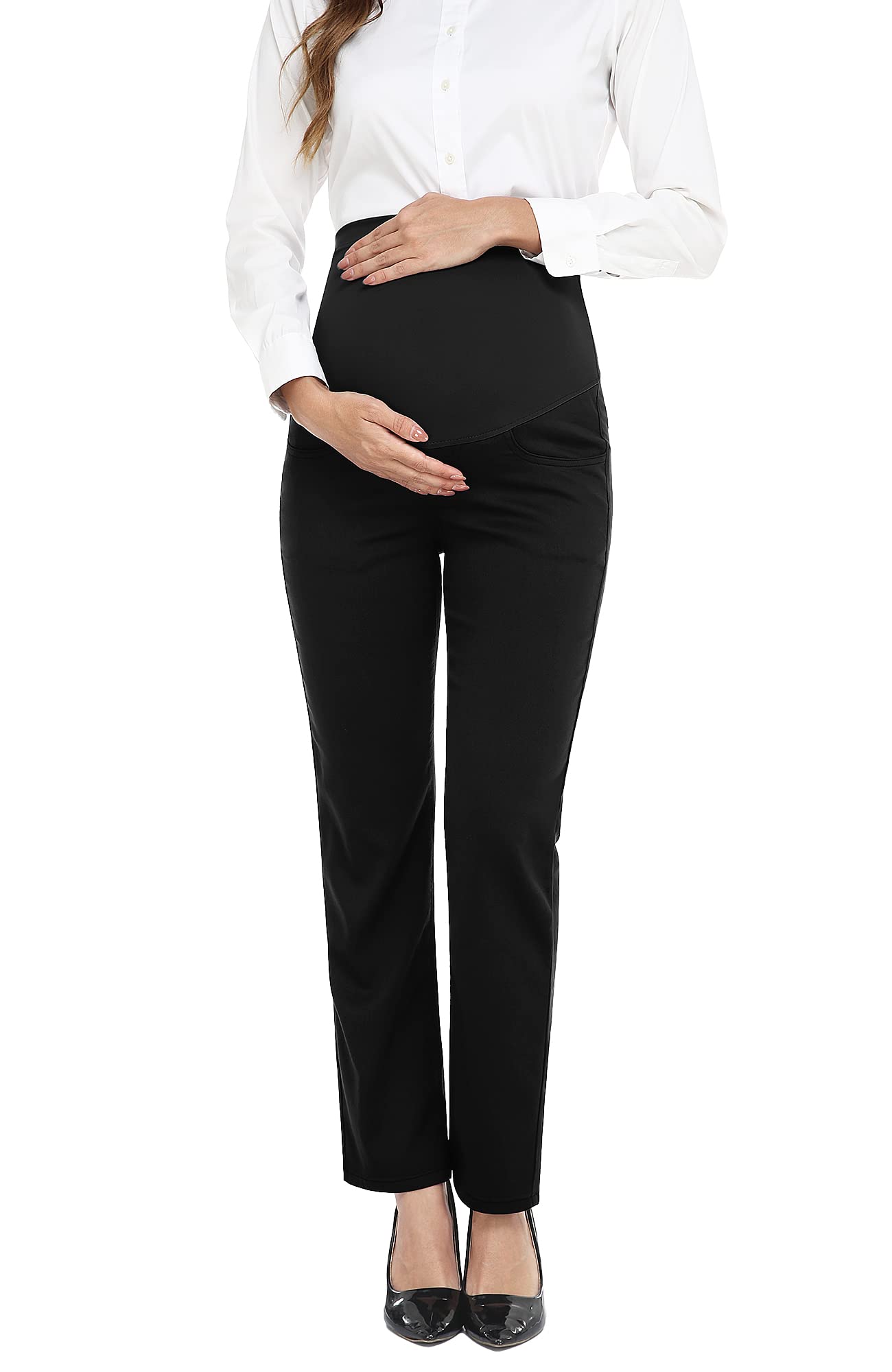 PACBREEZE Women's Maternity Work Pants - Over-Bump Pregnancy Stretch Dress Pants with Pockets for Office & Business Casual Wear