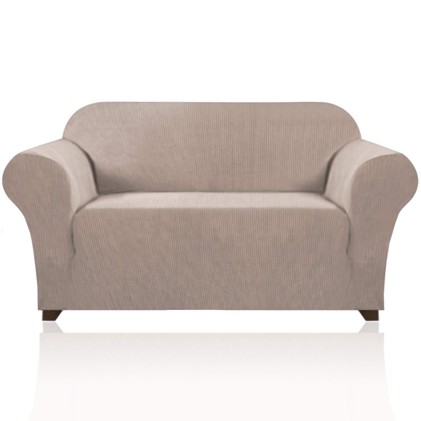 PrinceDeco Stretch Loveseat Sofa Cover - Washable 2-Cushion Slipcover with Non-Slip Bottom | Pet-Friendly Furniture Protector for Couches & Small Sofas | Perfect for Living Rooms, Apartments & Pet Owners (Sand Color)