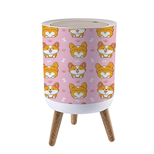 Cute Happy Corgi Dog Trash Can with Press Lid - 7L/1.8 Gallon Small Waste Bin with Wooden Legs, Dog-Proof Seamless Design for Kitchen, Bathroom & Office - Kawaii Cartoon Character Home Decor
