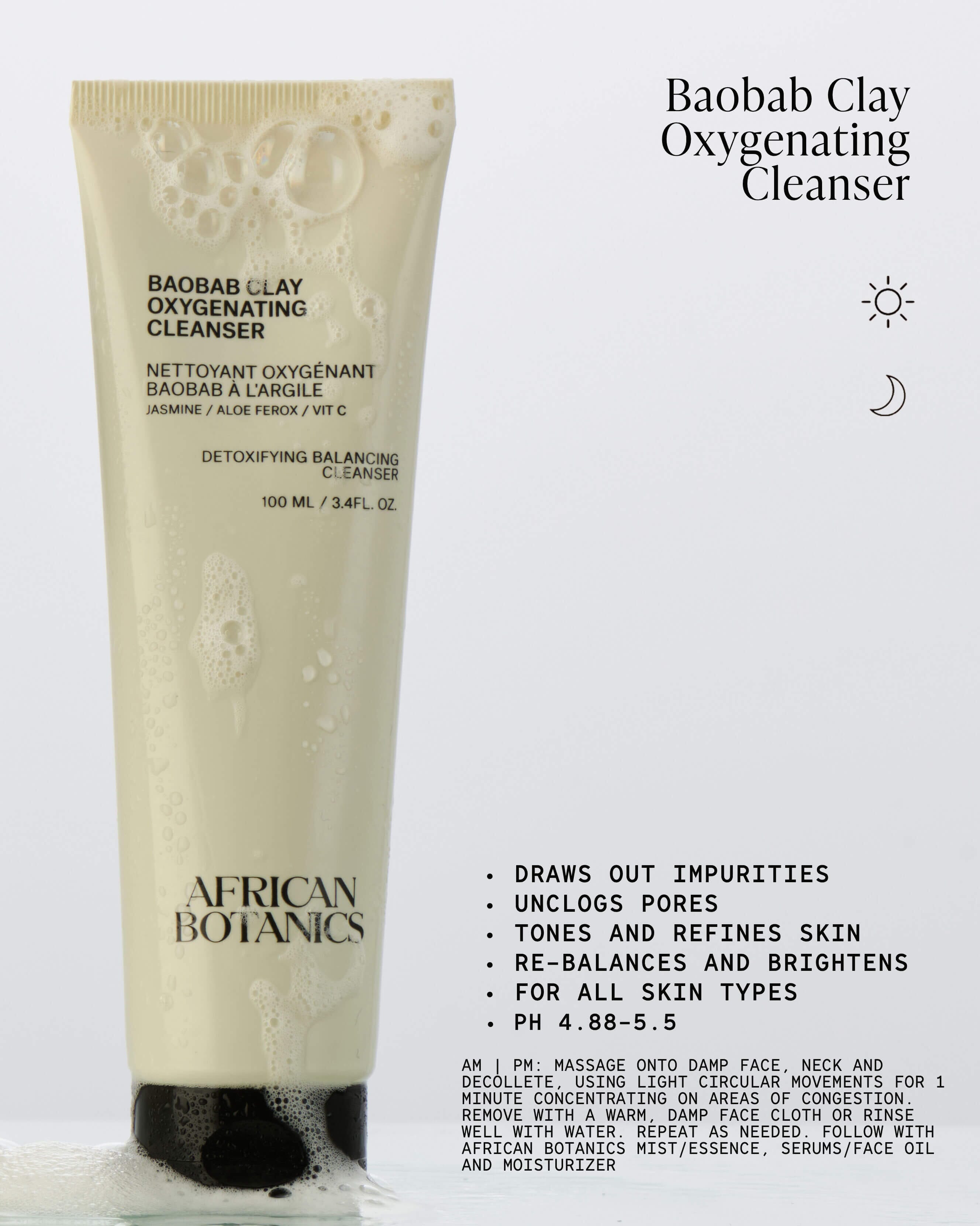 African Botanics Baobab Clay Oxygenating Cleanser - Deep Pore Detox & Brightening Face Wash for Acne-Prone Skin | Perfect for Daily Skincare Routine & Spa Days