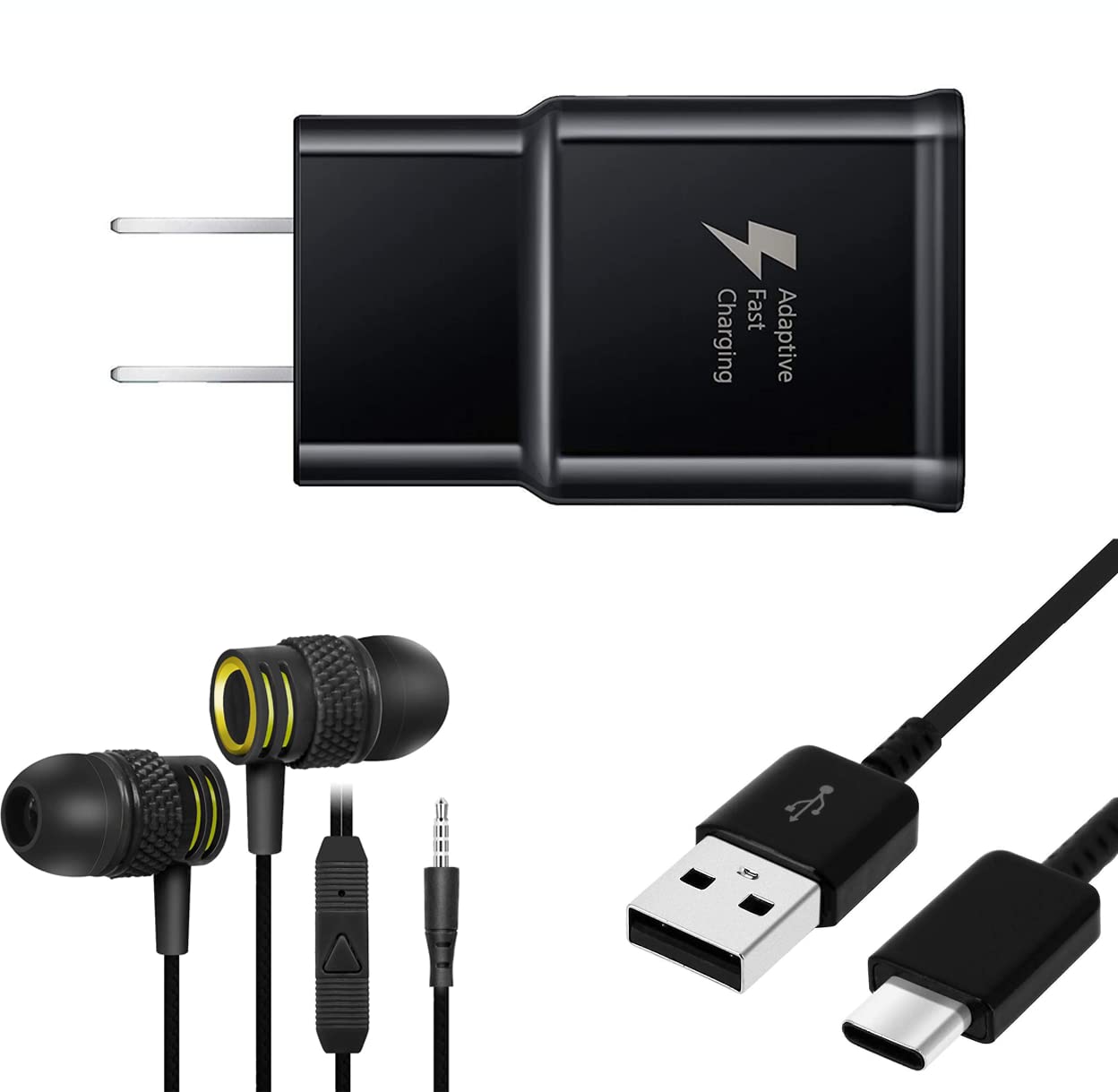 Fast Charging Wall Adapter for Oppo A73 EP-TA20JBE with 10ft USB-C Cable & Stereo Headphones - 3-in-1 Charging Kit - Black - Perfect for Home, Office and Travel