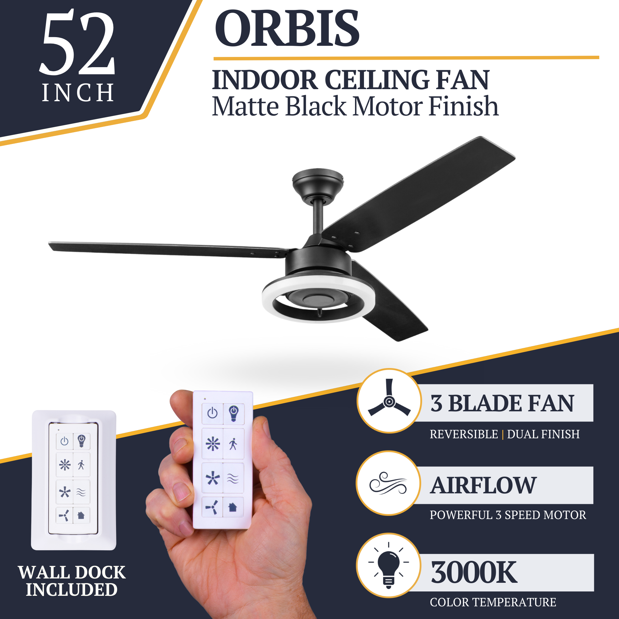 52 Inch Matte Black Orbis Ceiling Fan with Remote Control - Energy Efficient, Quiet Operation for Living Room, Bedroom, and Office