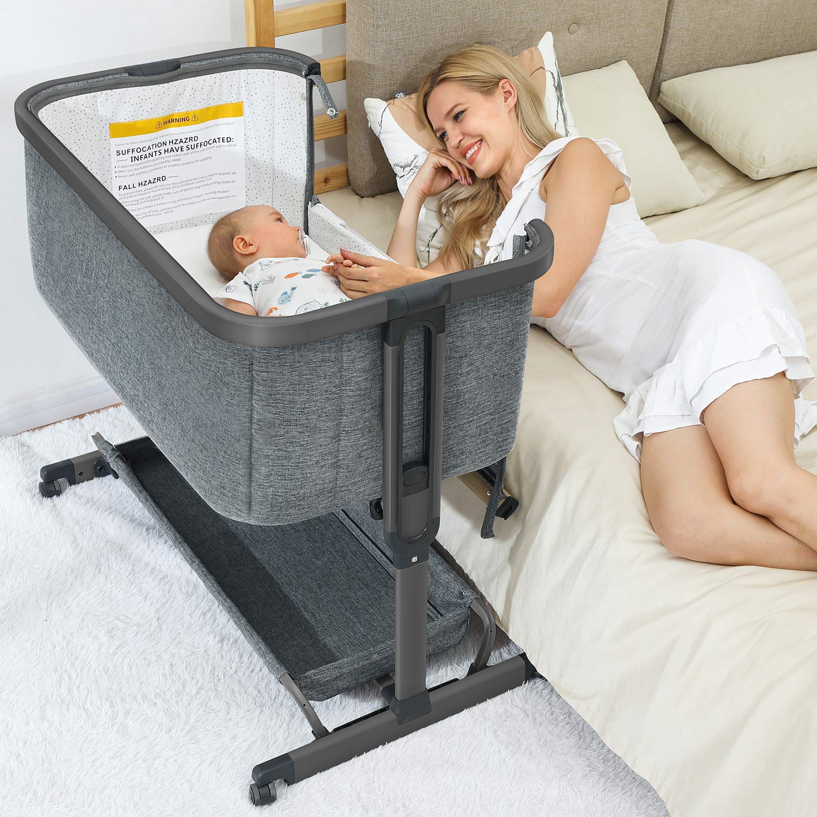 **AMKE 3-in-1 Baby Bassinet & Bedside Sleeper with Storage Basket – Adjustable Portable Crib for Newborns & Infants – Easy Assembly, Safe Sleep Solution for Home & Travel (Includes Travel Bag)**    *(Perfect for Nursery, Co-Sleeping, and On-the-Go Parents!)*