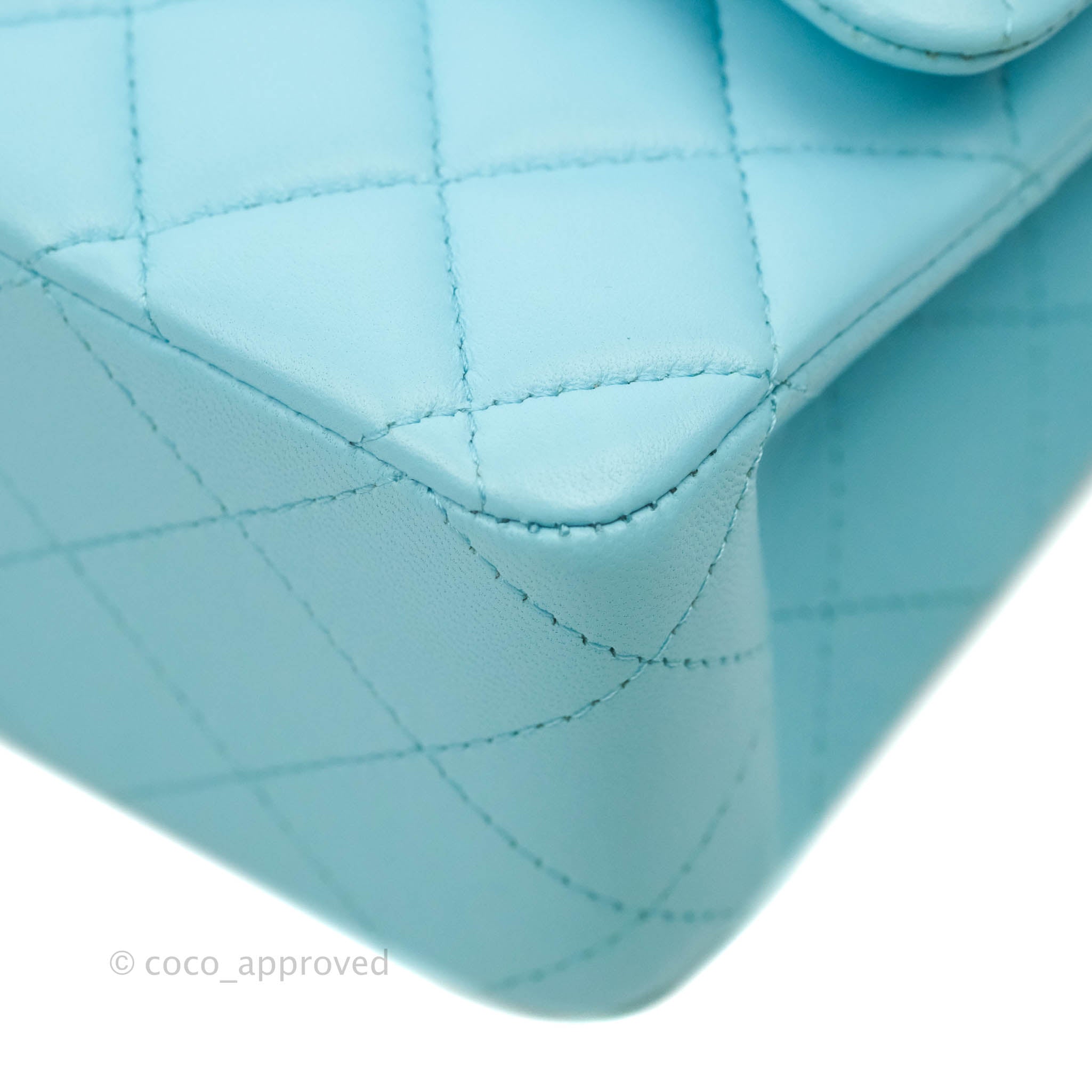 Chanel Classic Medium Double Flap Bag in Tiffany Neon Blue Lambskin with Silver Hardware 21S Collection - Perfect for Evening Events & Luxury Fashion Accessories