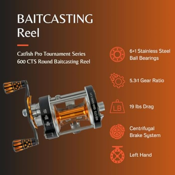 Catfish Pro 600CTSLFT Tournament Series Left-Handed Baitcasting Fishing Reel - Perfect for Bass Fishing Tournaments & Freshwater Angling