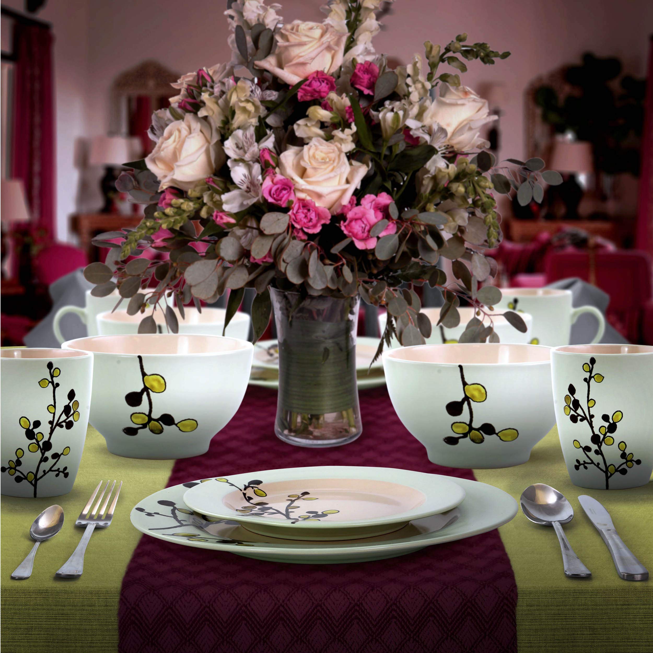 Elama RETROBLOOM 16-Piece Stoneware Dinnerware Set for 4 - Elegant Green Retro Design, Durable & Chip-Resistant - Perfect for Family Dinners, Entertaining Guests & Holiday Gatherings