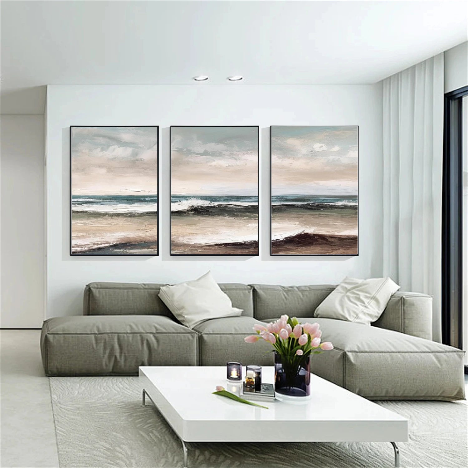 Ocean and Sky Wall Art Set of 3 - Modern Coastal Paintings for Living Room, Bedroom & Office Decor - Blue Seascape Canvas Prints (OS 259)