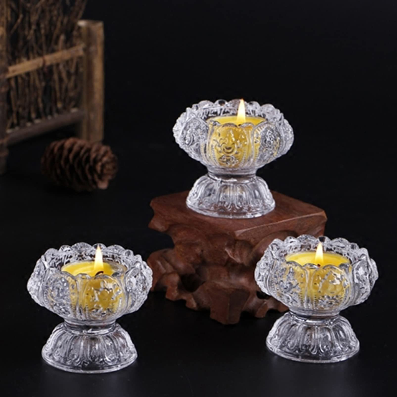 2-Pack Clear Glass Tealight Candle Holders - Elegant Buddhist-Inspired Crystal Table Centerpiece for Weddings, Meditation & Home Decor