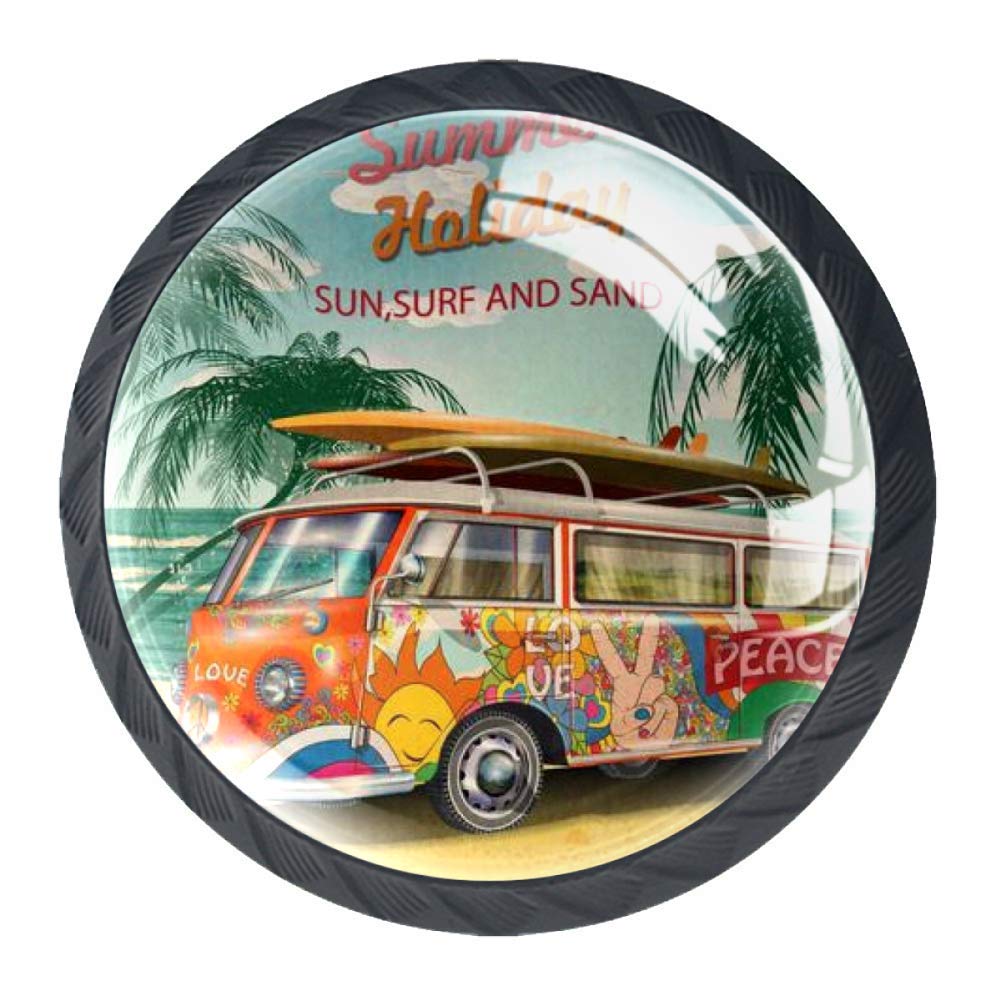 Vintage Summer Bus Poster 4-Piece Cabinet Knobs - Unique Drawer Pull Handles for Kitchen & Bathroom - Perfect for Retro Home Decor & DIY Furniture Upgrades