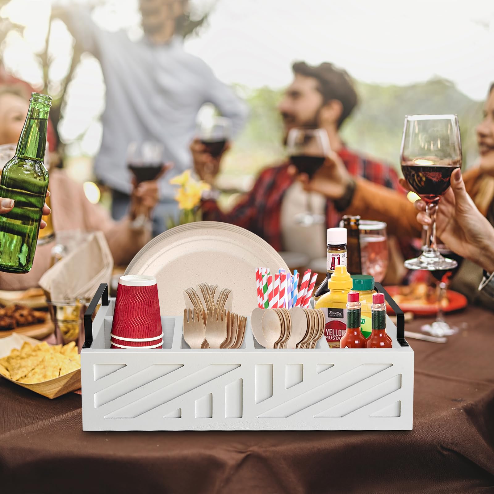 Ameuphercy Wooden Paper Plate Holder & Utensil Caddy - Countertop Organizer for Disposable Plates, Cups, Spoons & Forks - Kitchen & Party Serving Essential (White Carving Design) - Perfect for Buffets, BBQs, Picnics & Family Gatherings