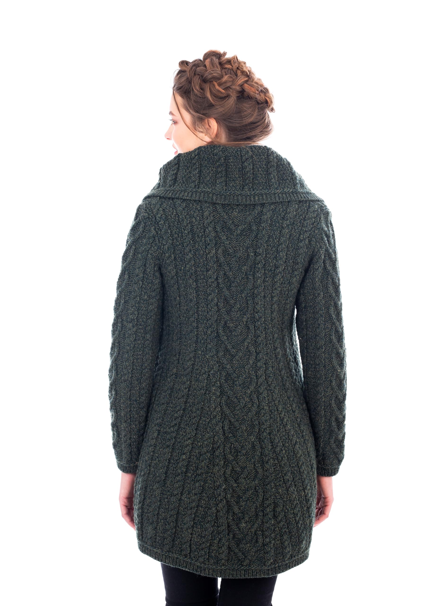 SAOL 100% Merino Wool Women's Classic Cable Knit Cardigan Sweater - Irish Coat with Pockets - Warm Winter Layering for Office, Travel & Casual Outfits