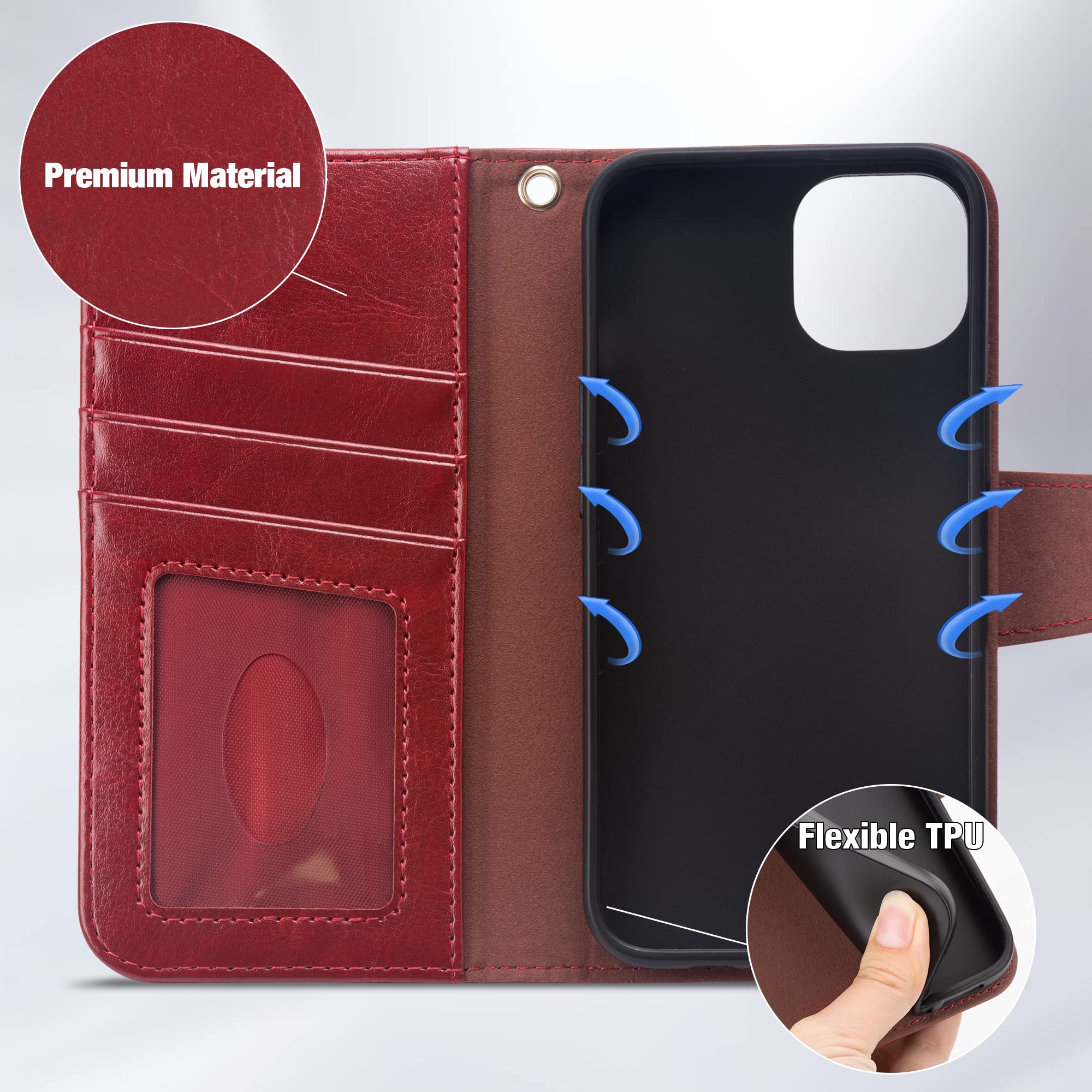 Arae iPhone 14 Wallet Case with Card Holder & Wrist Strap - Flip Cover for iPhone 14 6.1 Inch (Wine Red) - Perfect for Daily Use, Travel, and Hands-Free Convenience