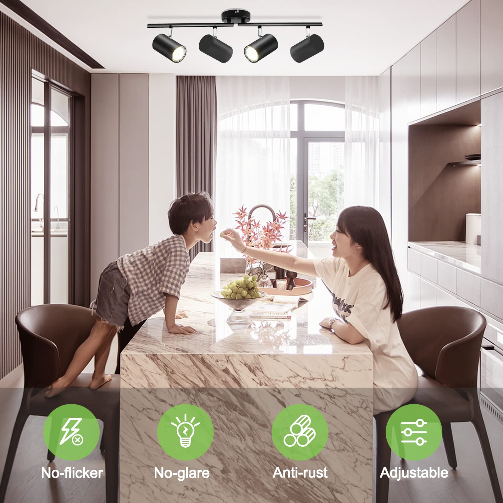 Kimjo 4-Light Black Adjustable LED Track Lighting Fixture for Ceiling - 4 Way Track Light Kit with GU10 Socket - Modern Spot Lighting for Kitchen, Dining Room, Bar, Office & Retail Spaces