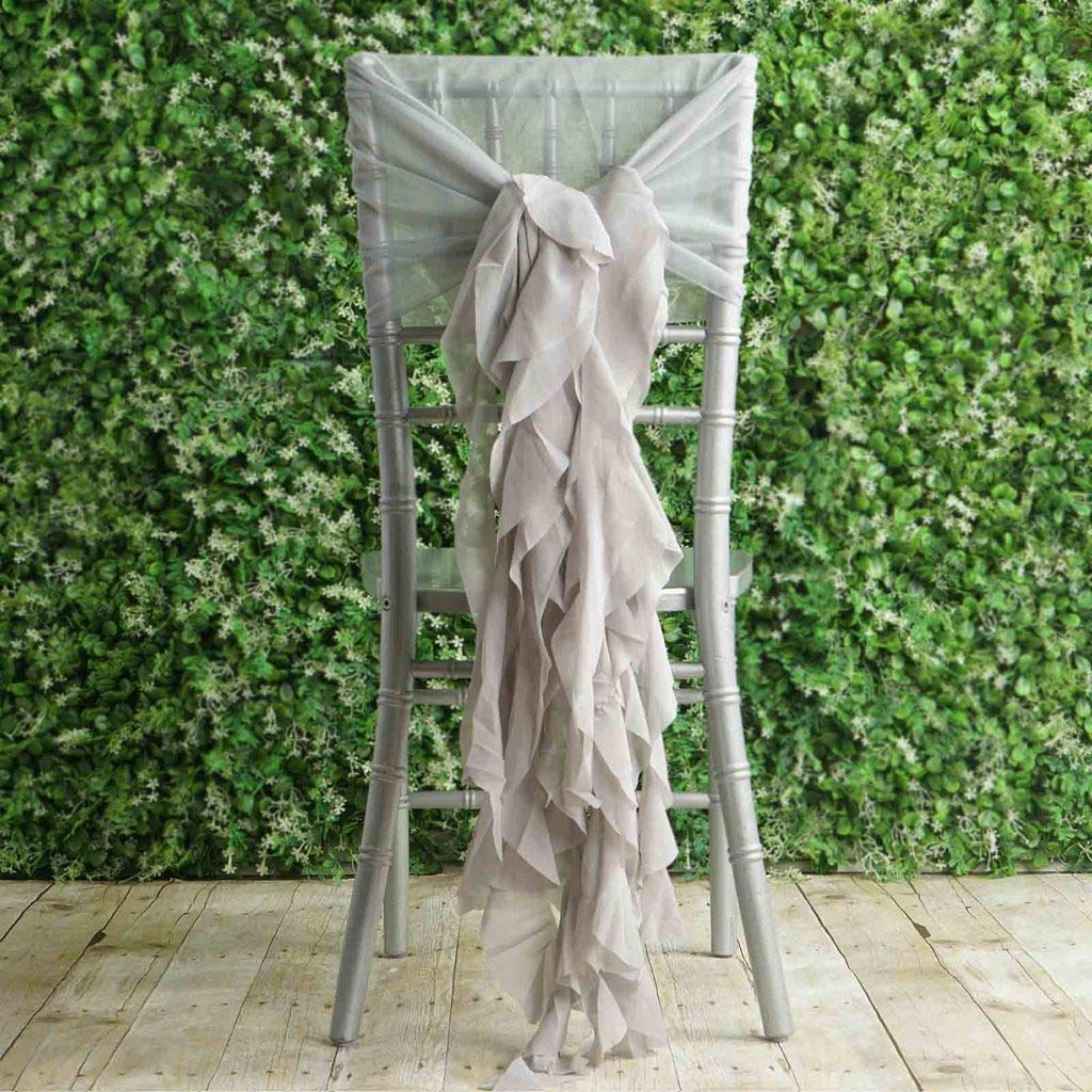 50 Silver Premium Curly Chiffon Chair Covers with Sashes - Elegant Wedding, Party & Reception Decorations - Affordable Event Supplies for Banquets, Ceremonies and Special Occasions