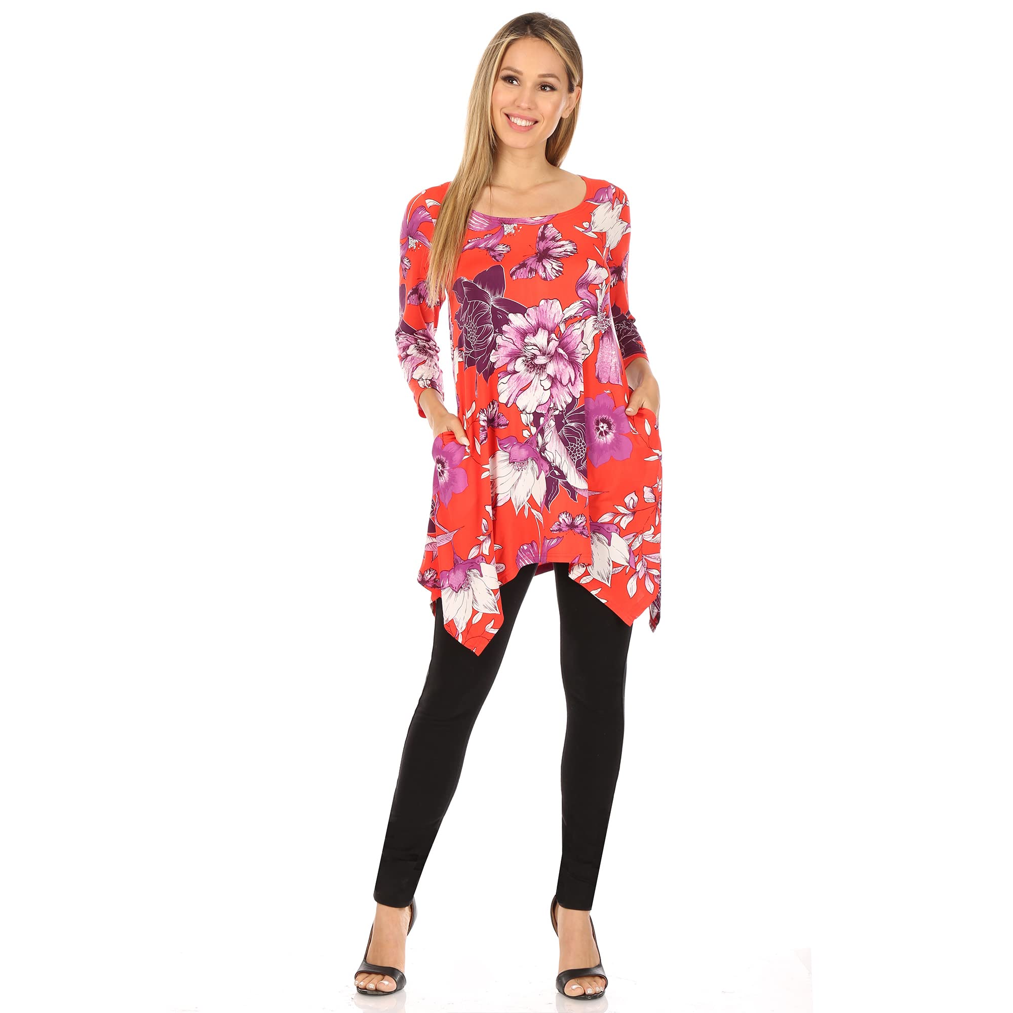 Floral Scoop Neck Tunic Top for Women - Red & Purple Floral Print Blouse, Casual Summer Tunic Shirt for Outfits, Work, Date Night & Vacation