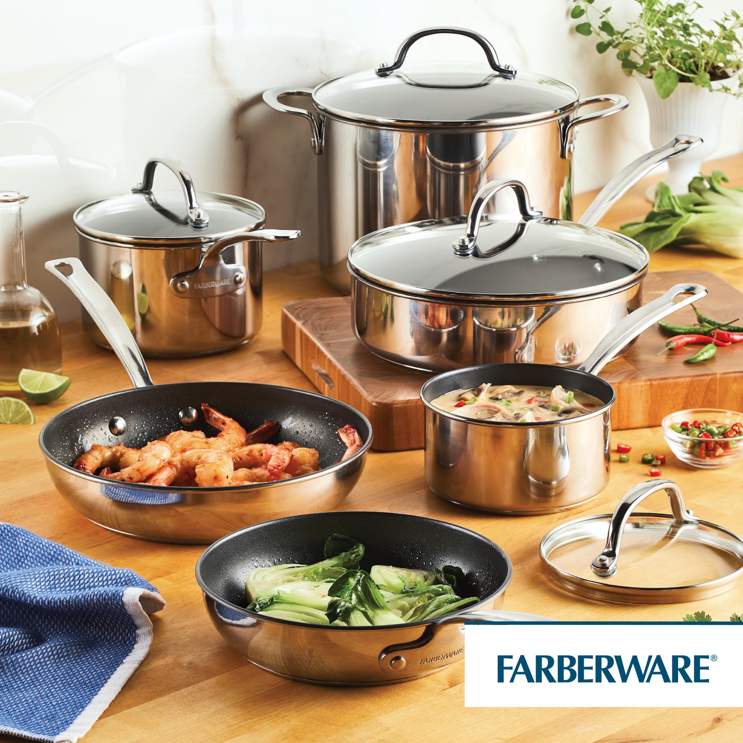 Farberware Millennium 10-Piece Stainless Steel Nonstick Cookware Set - Pots & Pans for Cooking, Frying & Sauteing - Dishwasher Safe Kitchen Essentials for Home Chefs