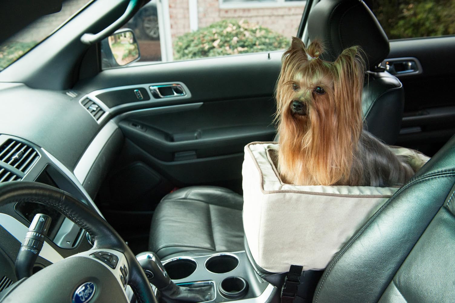 Snoozer Large Center Console Dog Car Seat for Small Dogs Under 12 lbs - Washable Buckskin Cover with Harness Attachment - Comfortable & Secure Pet Car Seat for SUVs, Trucks, and Wide Vehicle Consoles - Perfect for Road Trips, Daily Commutes, and Pet Travel Safety