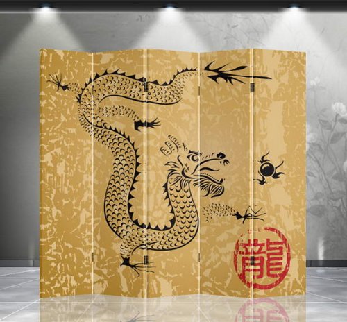 Double Sided Canvas Room Divider with Dragon Design - Handmade Privacy Screen for Home, Office & Yoga Studio - Perfect for Space Partition & Asian Decor
