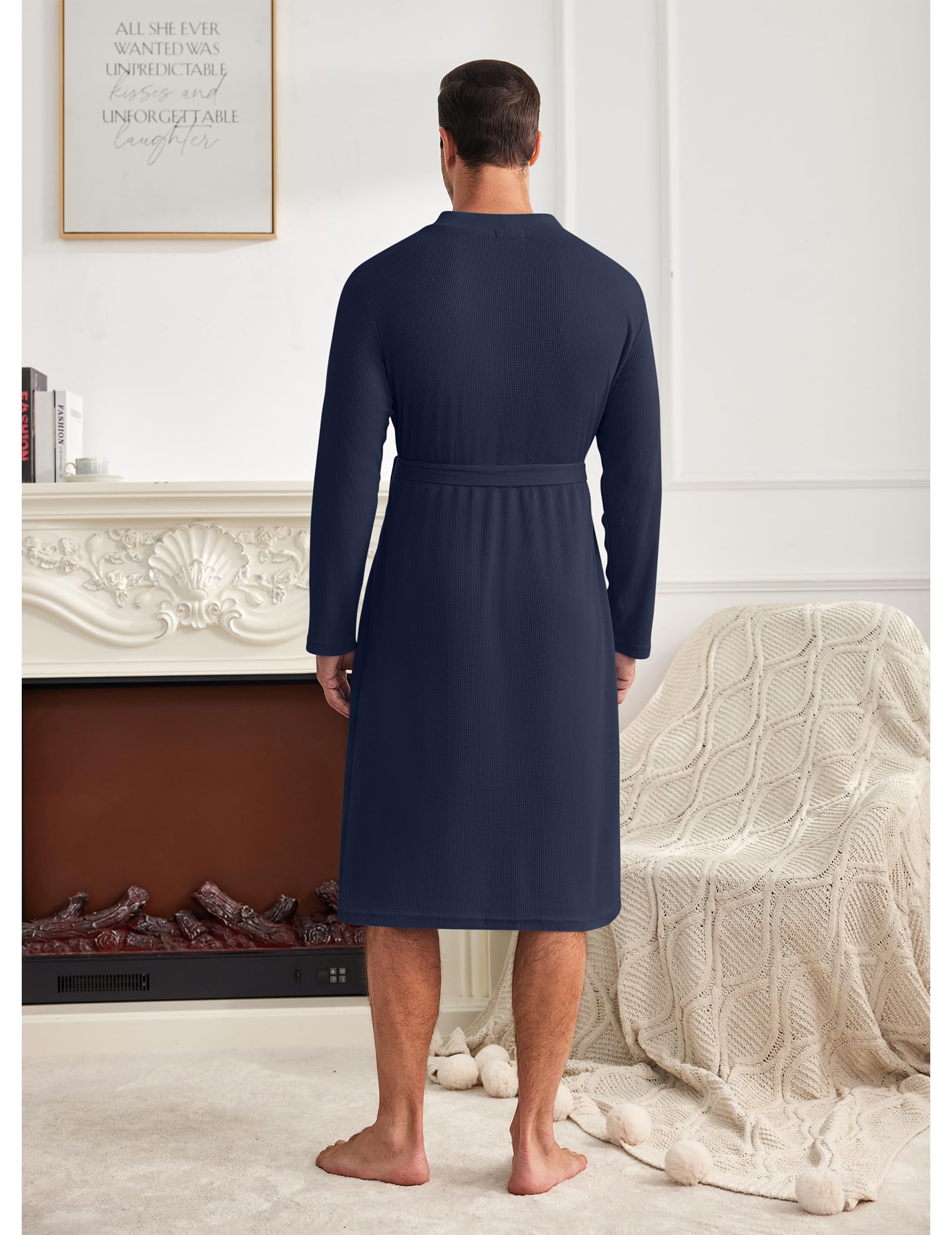Ekouaer Men's Lightweight Waffle Knit Bathrobe - Soft Kimono Style Spa Robe with Pockets, V-Neck Long Sleeve Sleepwear for Shower, Lounge & Relaxation at Home