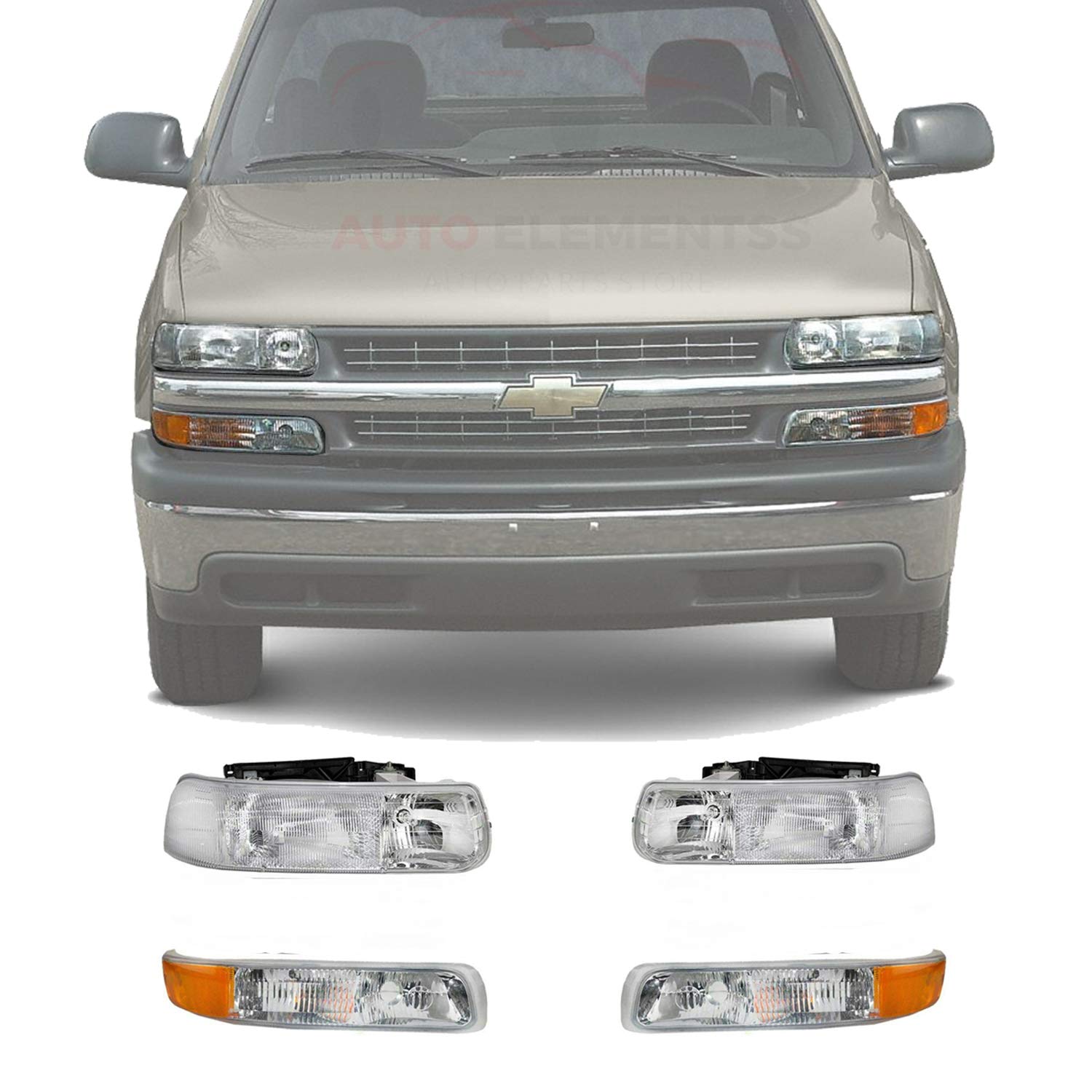 1999-2002 Chevy Silverado & 2000-2006 Tahoe LED Front Headlights with Side Marker Lamps - Direct Replacement (16526134/16526133) - Left Driver & Right Passenger Side - Upgrade for Night Driving & Off-Road Adventures