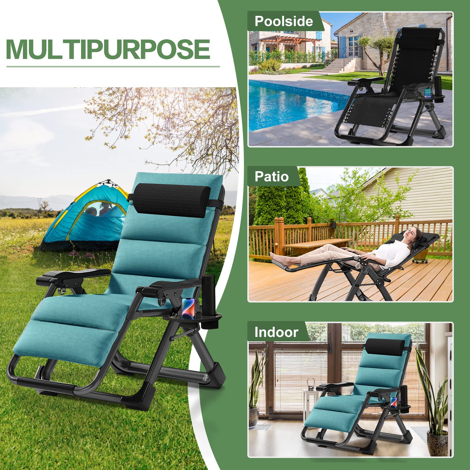 Barbella Zero Gravity Reclining Lounge Chair - Adjustable Folding Patio Chair with Removable Cushion, Headrest & Cup Holder - Perfect for Backyard, Poolside, Beach, and Indoor Relaxation