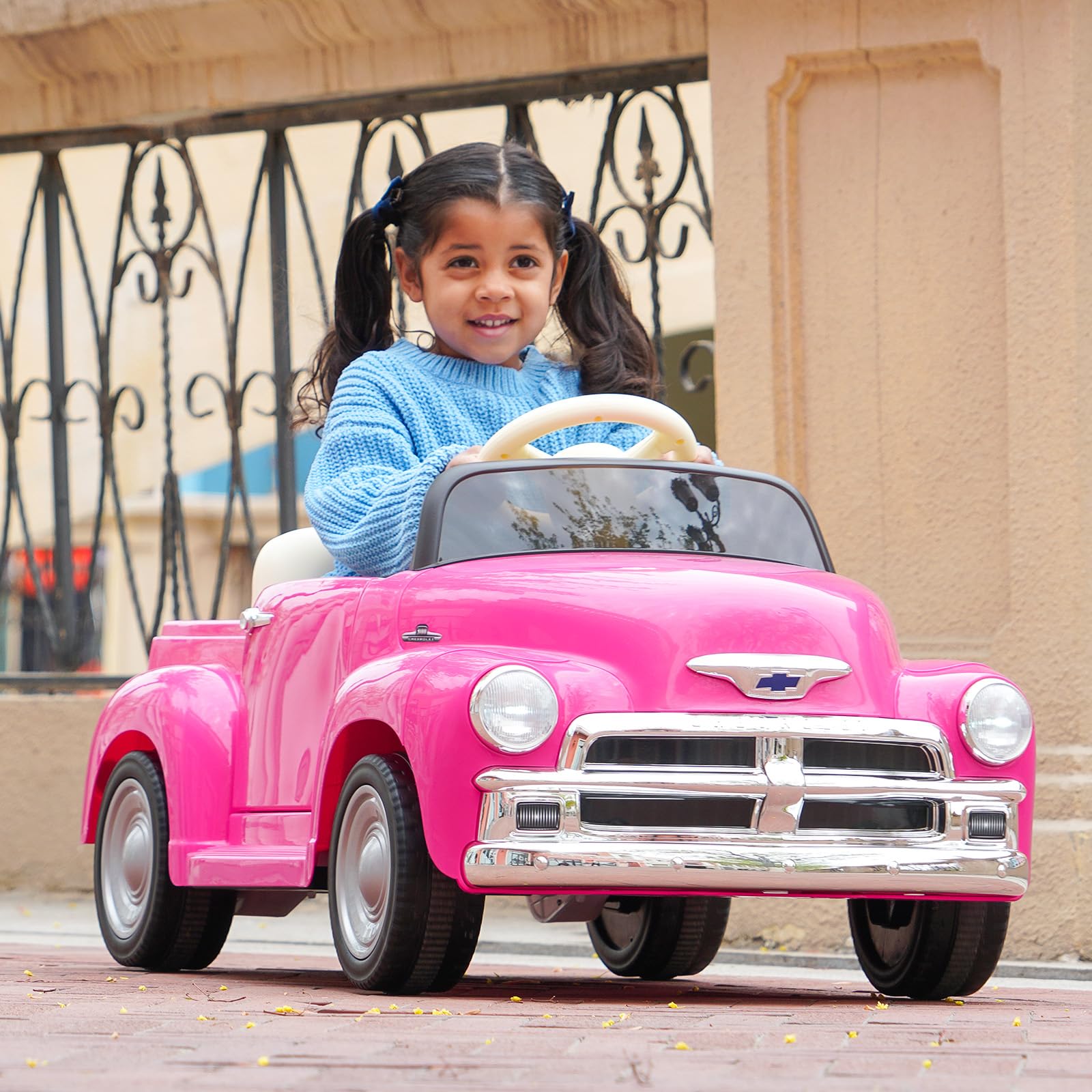Joywhale 12V Kids Ride on Car - Licensed Chevrolet 3100 Pickup Electric Toy Vehicle with 7AH Battery, 2.4G Remote Control, 3 Speed Modes, Music & Storage | Retro Style Pink Battery-Powered Motorized Car for Boys & Girls | Perfect for Birthday Gifts, Outdoor Play & Backyard Fun