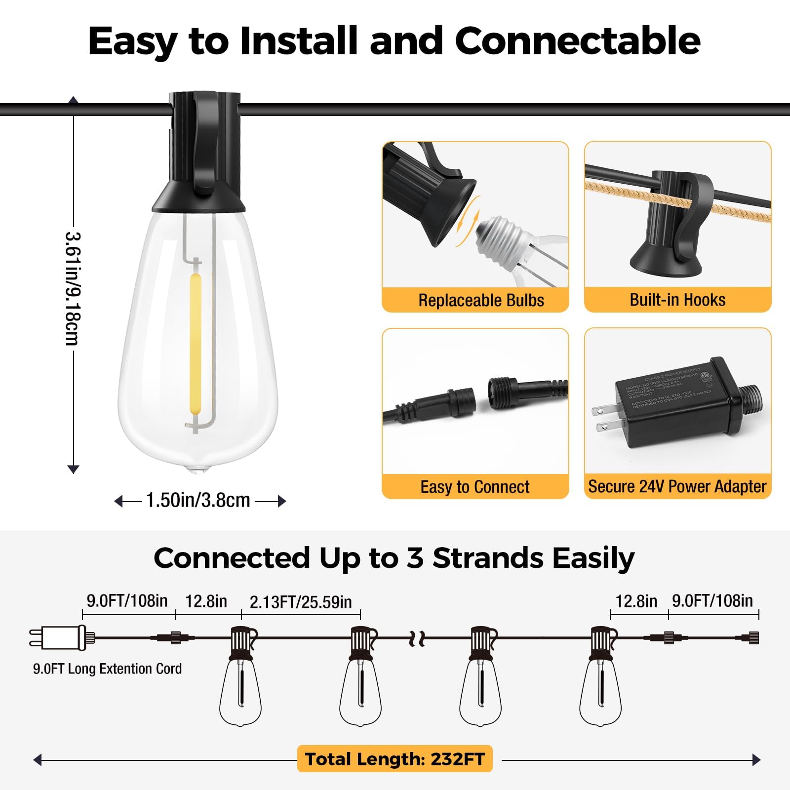 116FT Waterproof Outdoor String Lights with Shatterproof ST38 Edison Bulbs - Dimmable Patio Lights with Remote for Porch, Garden, Backyard | Perfect for Bistro, Gazebos, Fence & Outdoor Entertaining