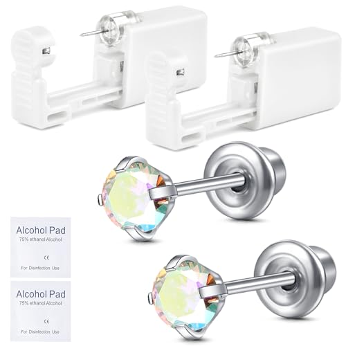 JIESIBAO Disposable Ear Piercing Gun Kit - 316L Surgical Stainless Steel with 4mm Rainbow Star Cubic Zirconia Studs - Safe At-Home Self Ear Piercing Tool for Adults & Teens - Perfect for DIY Ear Piercing, Gifts, and First-Time Users