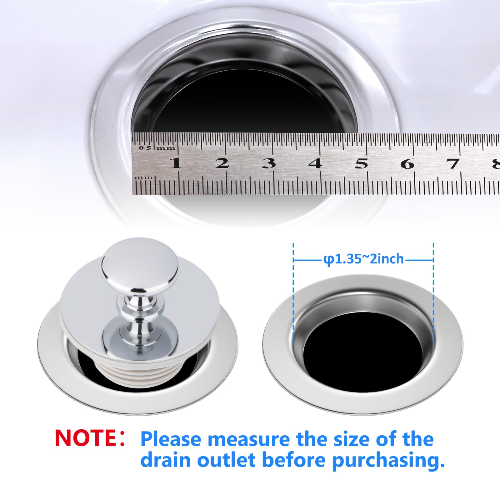 Universal Bathtub Drain Stopper - Rubber Replacement Plug for Bathtubs & Bathroom Sinks (Chrome, YGS8901) - Leak-Proof Bath & Sink Drain Cover for Home, Hotel, Spa Use