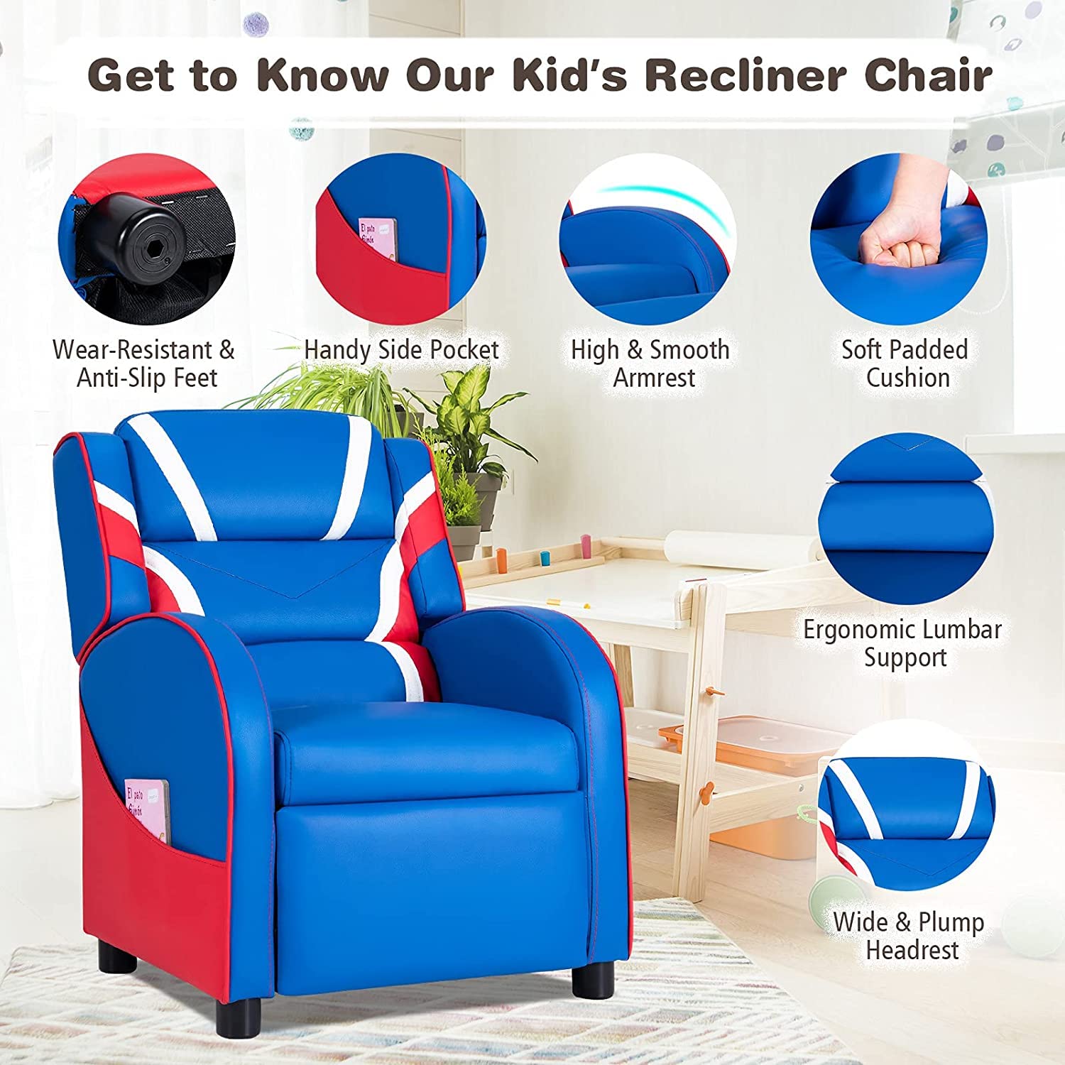 Moccha Kids Recliner Chair with Side Pockets - Adjustable Toddler Sofa with Footrest, Ergonomic Children's Furniture for Boys and Girls Room (Blue) - Perfect for Reading, Gaming, and Relaxing in Bedroom or Playroom