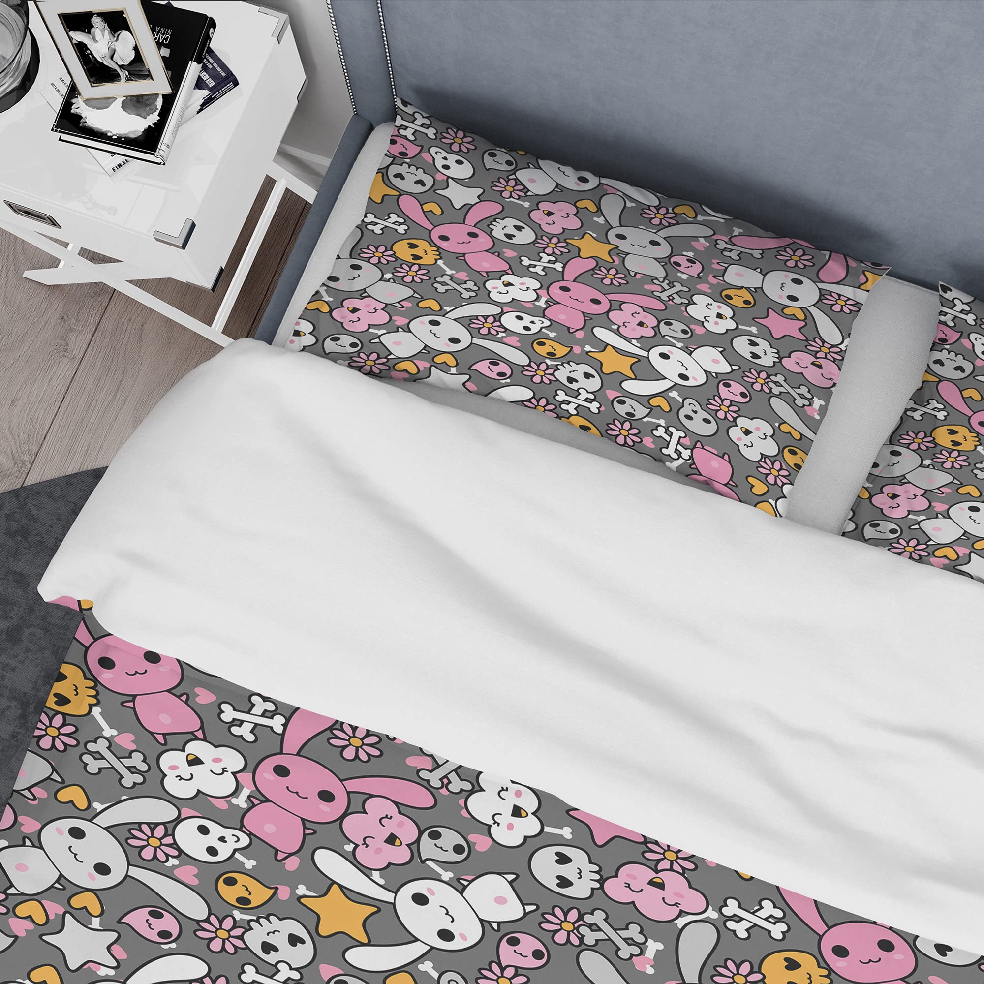 DesignQ 'Little Rabbit Kawaii with Pink Flowers' Floral Duvet Cover Set - Soft Bedding for Girls' Room, Nursery Decor & Kawaii Aesthetic Bedroom